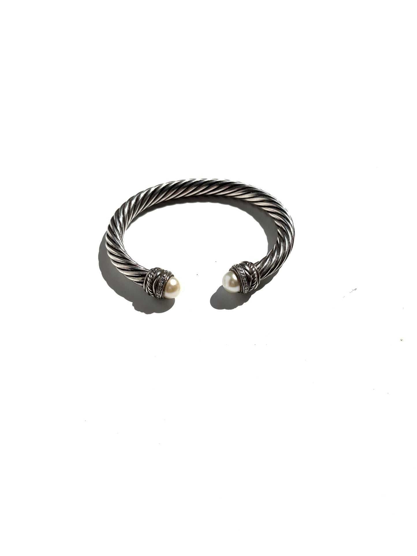 David Yurman Pearl Sterling Silver Diamond Crossover Cable Classic Cuff Bracelet S