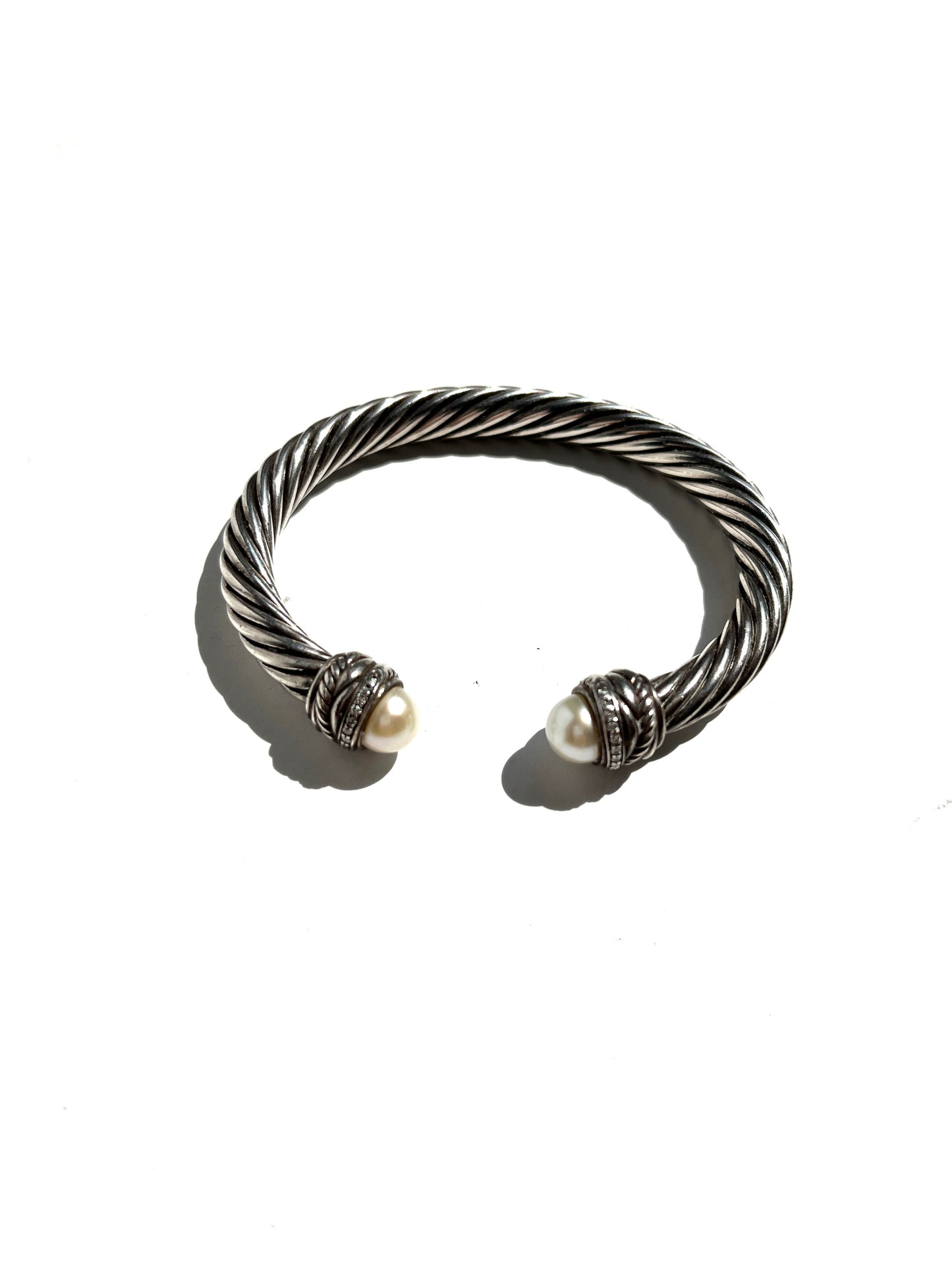 David Yurman Pearl Sterling Silver Diamond Crossover Cable Classic Cuff Bracelet S