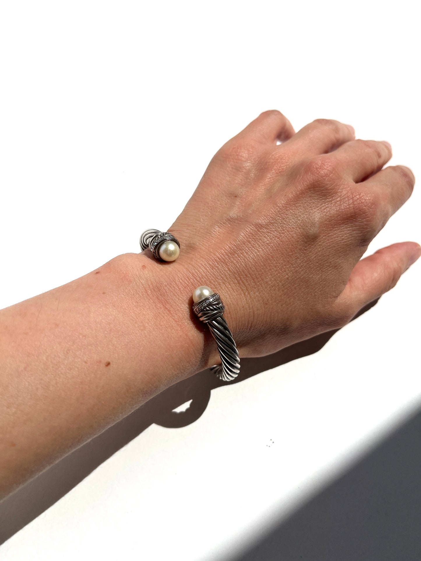 David Yurman Pearl Sterling Silver Diamond Crossover Cable Classic Cuff Bracelet S