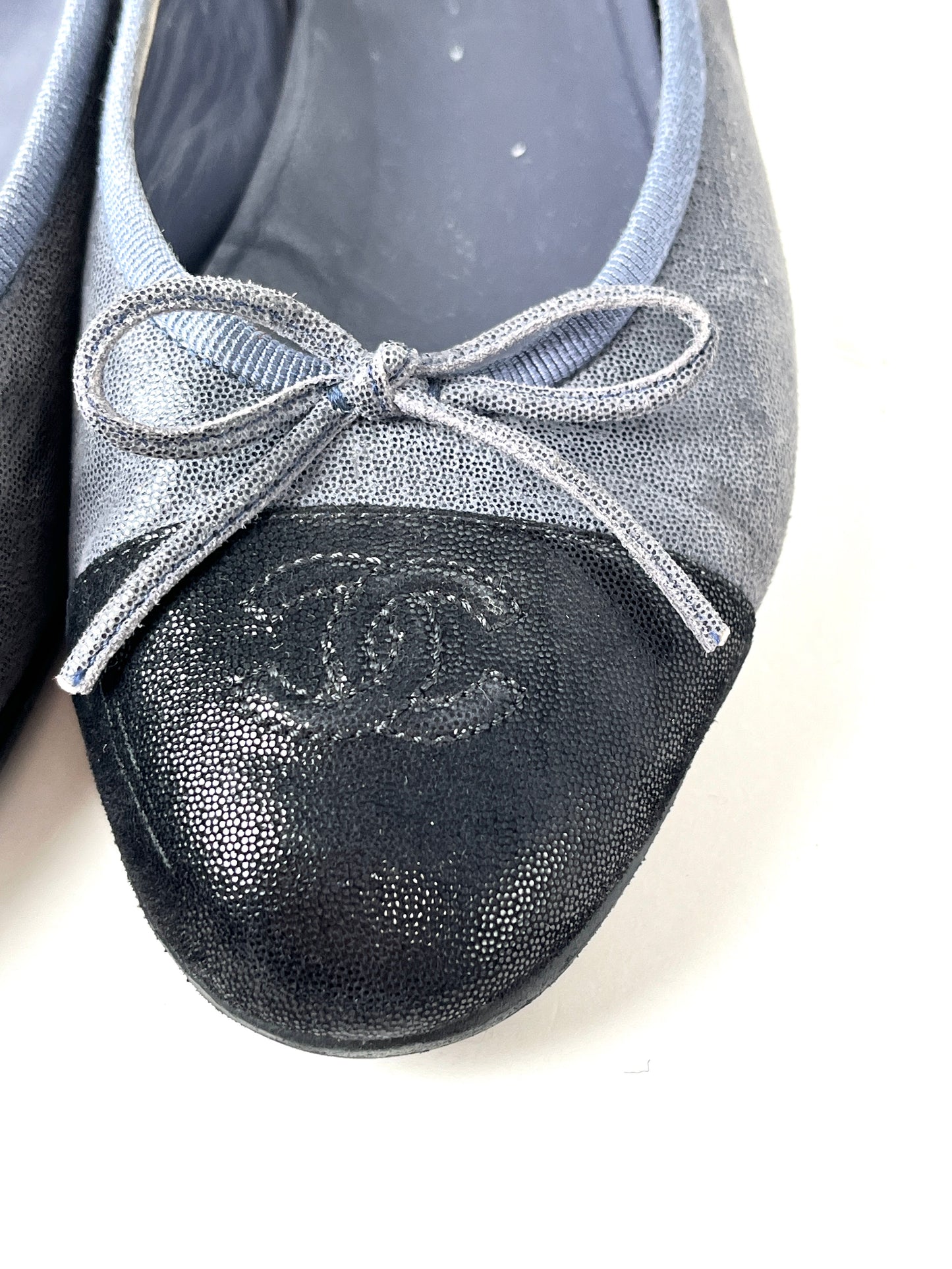 CHANEL Black Dark Gray CC Logo Ballerina Leather Flats 37, 6.5