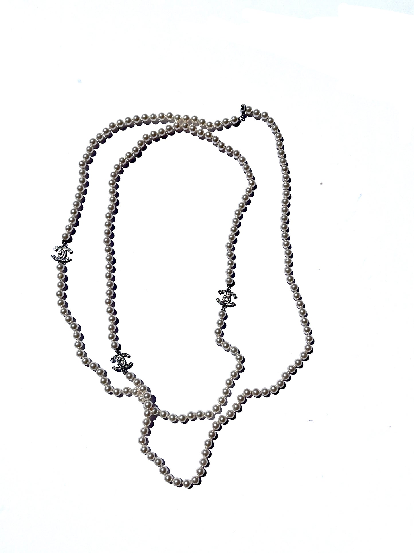 CHANEL CC Faux Pearl Rhinestone Beaded Station Long Double Necklace