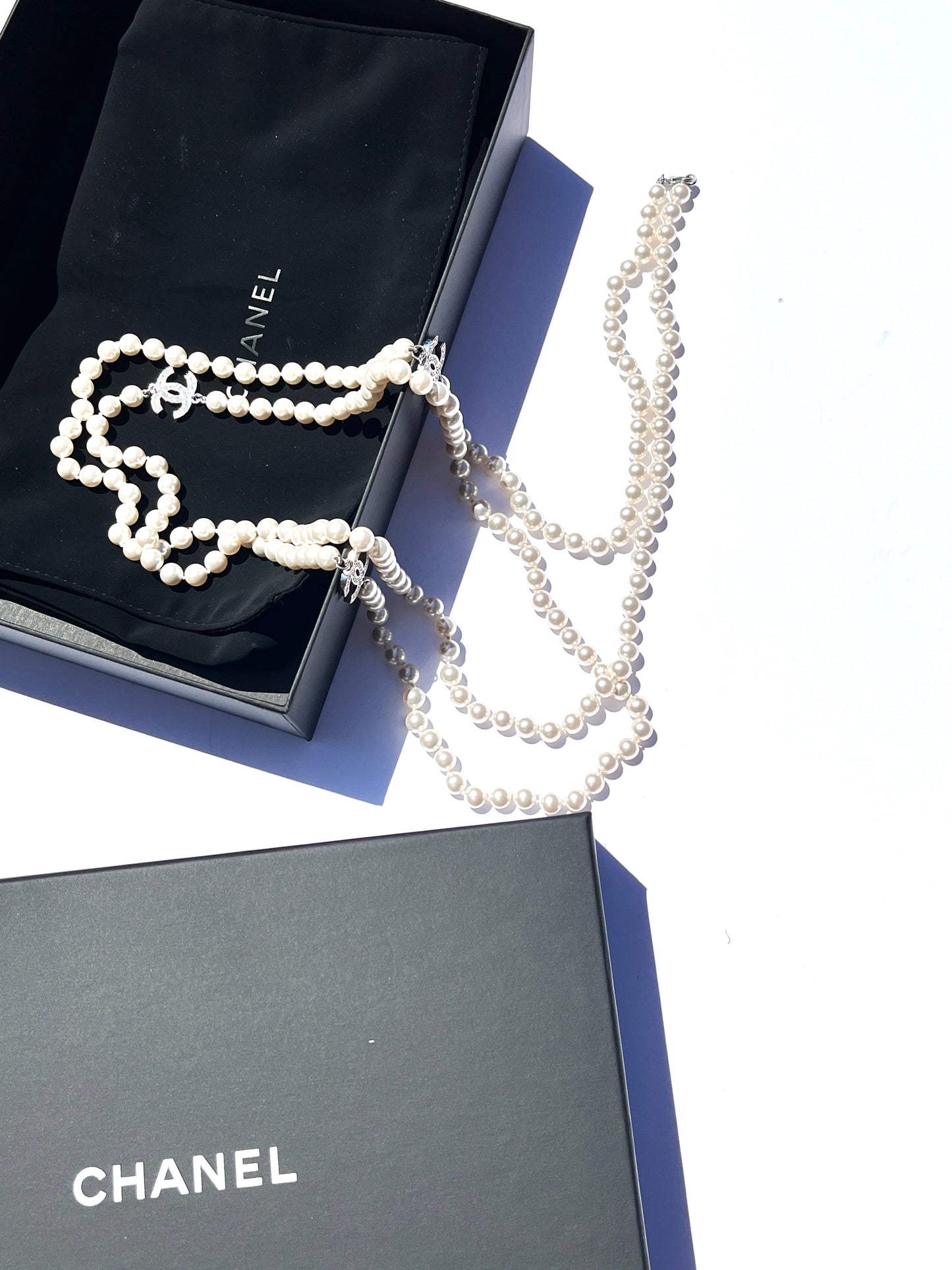 CHANEL CC Faux Pearl Rhinestone Beaded Station Long Double Necklace