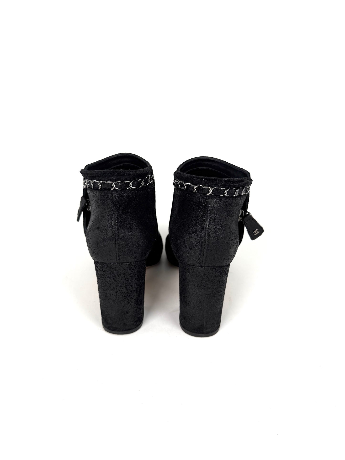 CHANEL Interlocking CC Chain Logo Black Ankle Booties Boots 38.5 8
