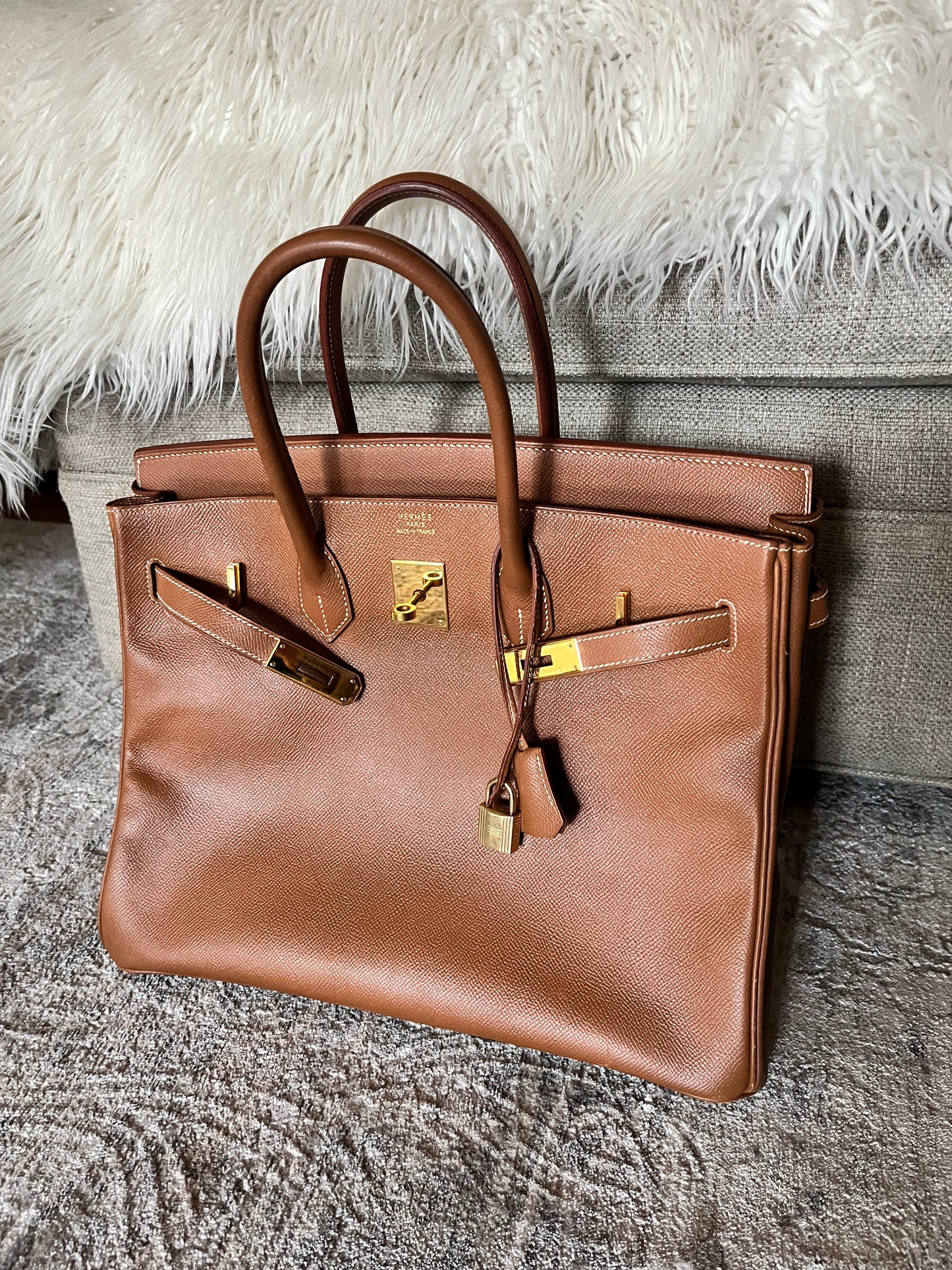 Vintage HERMES Birkin 35 Gold on Gold Courchevel Leather 1998 Satchel Bag