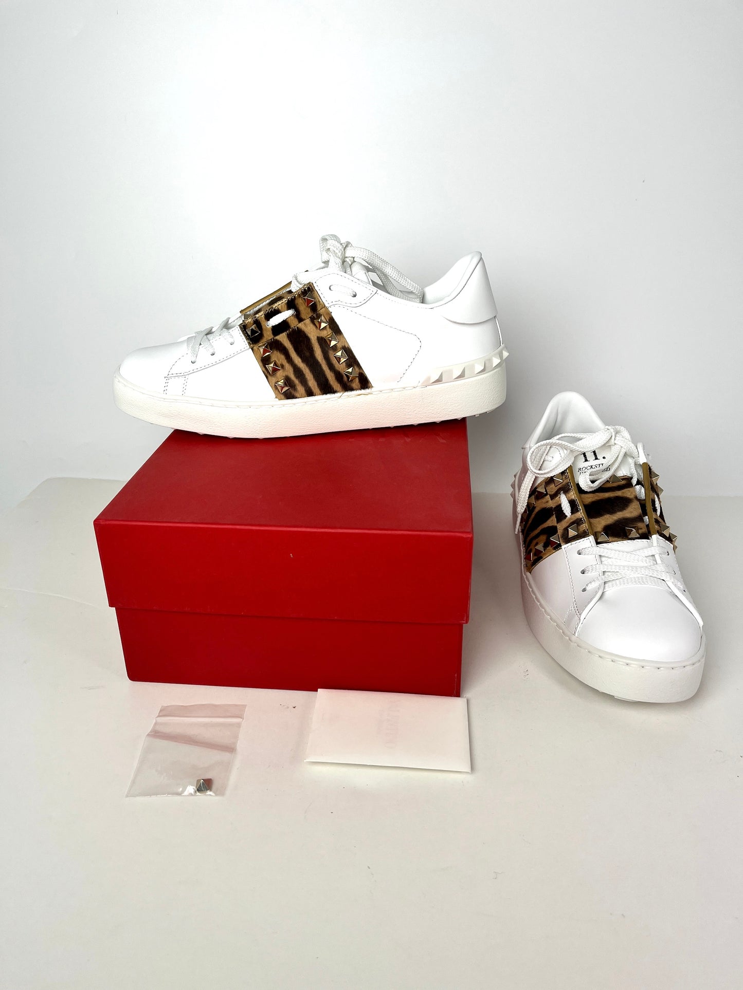 New Valentino Garavani Untitled White Animal Print Rockstud Leather Sneakers 40 9.5
