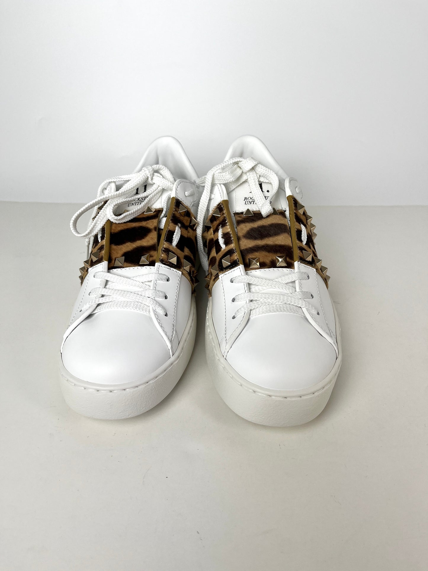 New Valentino Garavani Untitled White Animal Print Rockstud Leather Sneakers 40 9.5
