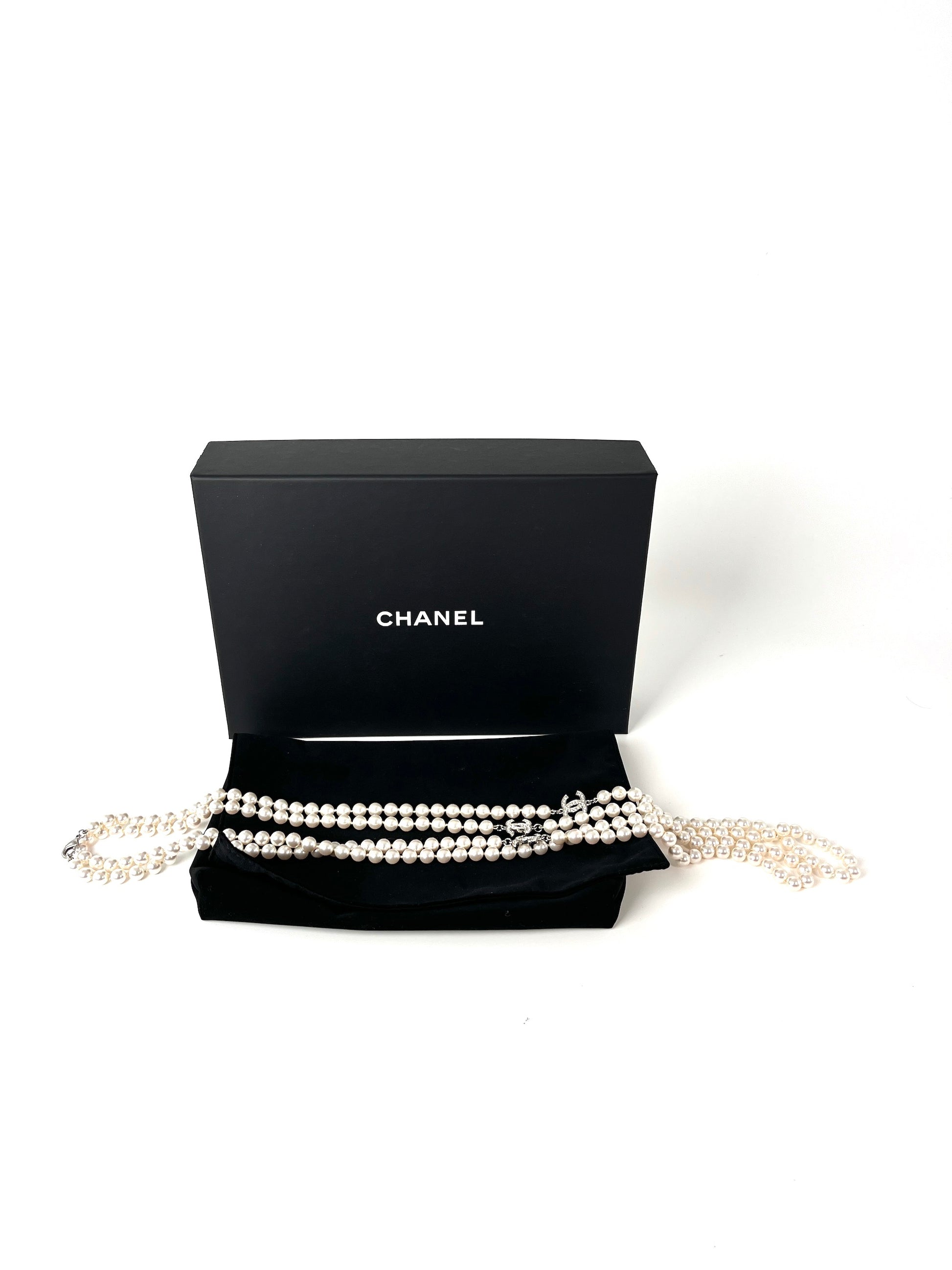 CHANEL CC Faux Pearl Rhinestone Beaded Station Long Double Necklace