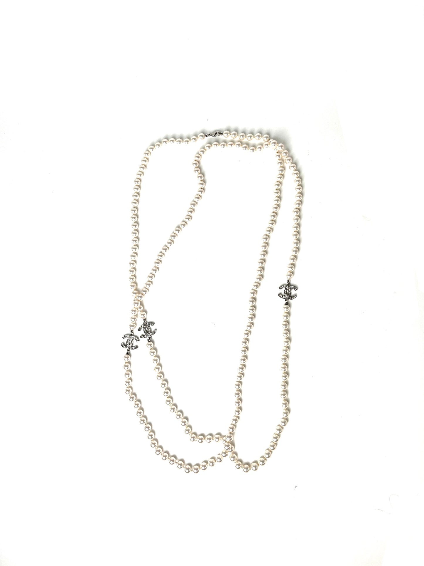 CHANEL CC Faux Pearl Rhinestone Beaded Station Long Double Necklace