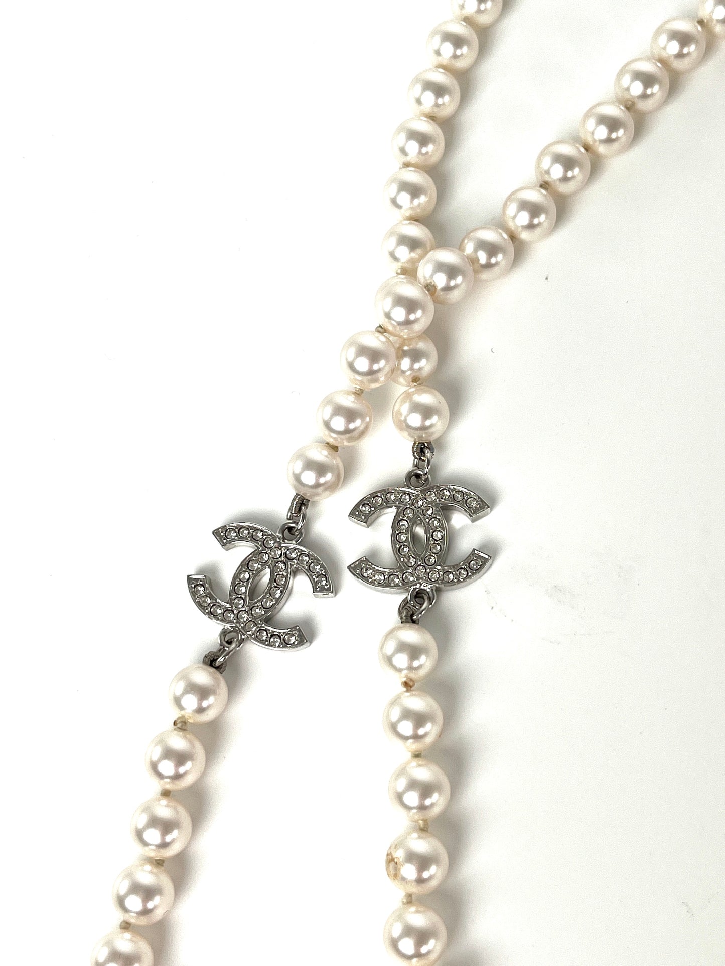 CHANEL CC Faux Pearl Rhinestone Beaded Station Long Double Necklace