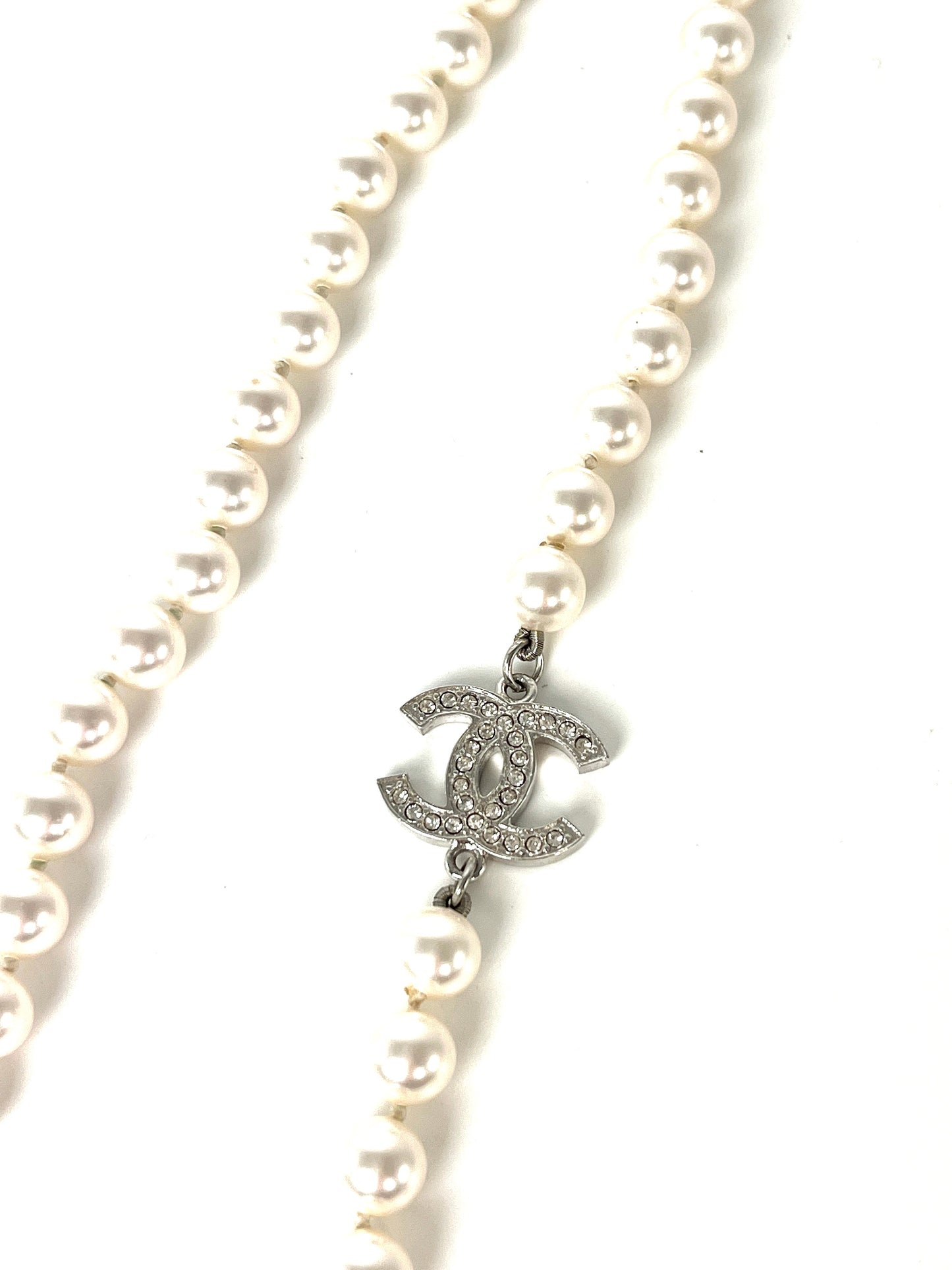 CHANEL CC Faux Pearl Rhinestone Beaded Station Long Double Necklace