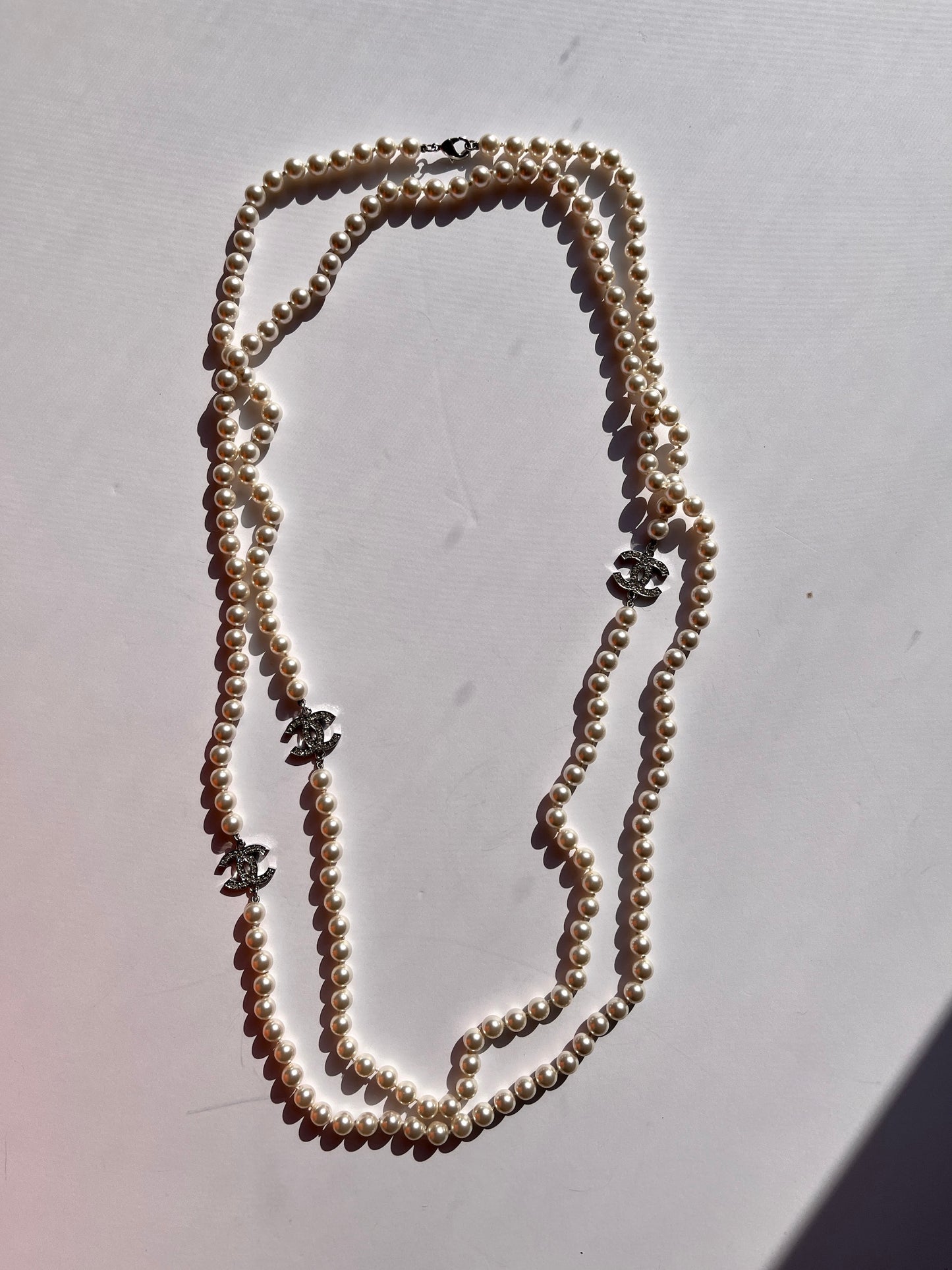 CHANEL CC Faux Pearl Rhinestone Beaded Station Long Double Necklace