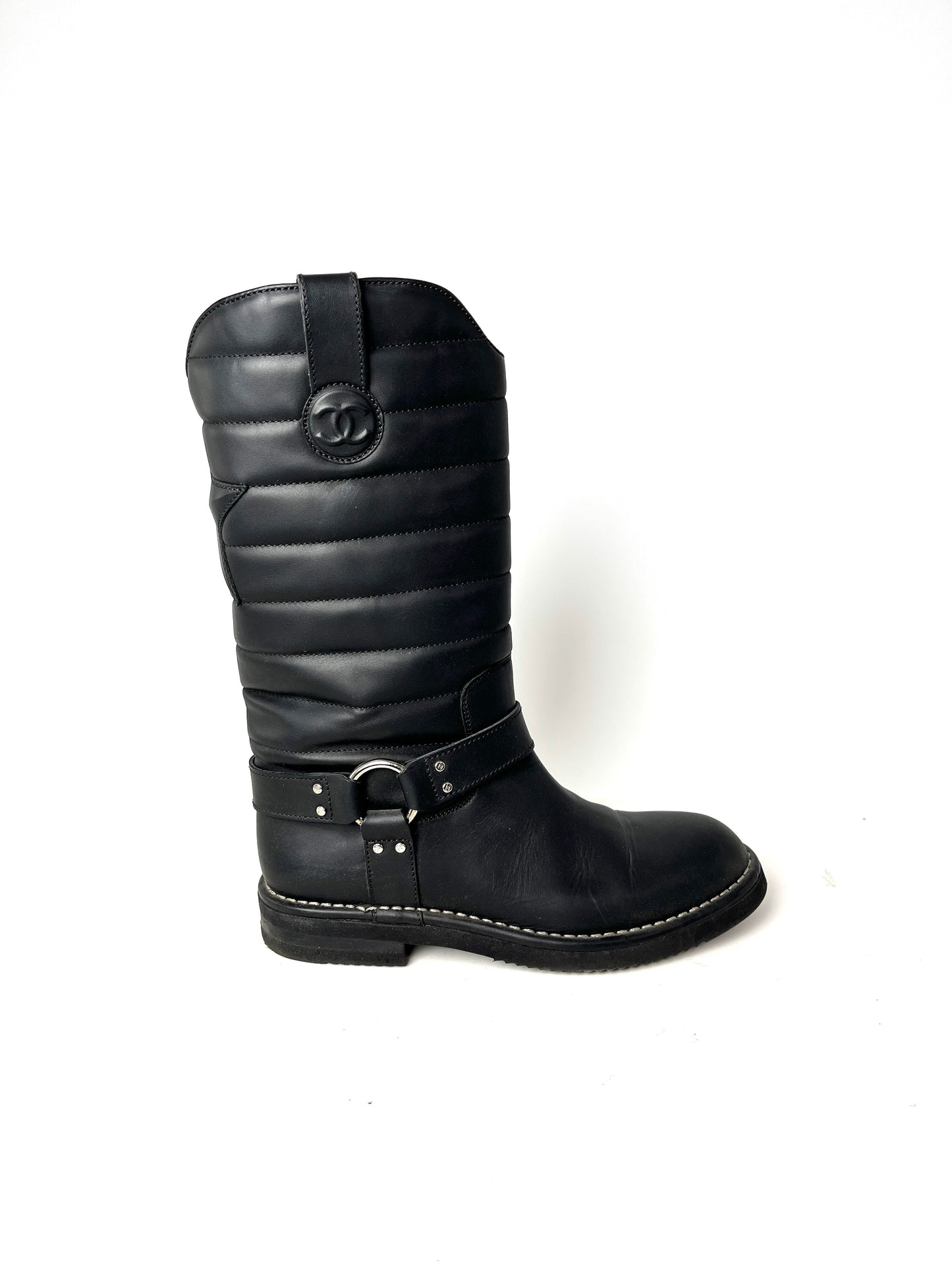 CHANEL Paris-Dallas CC Star Black Leather Moto Mid Calf Boots 38.5