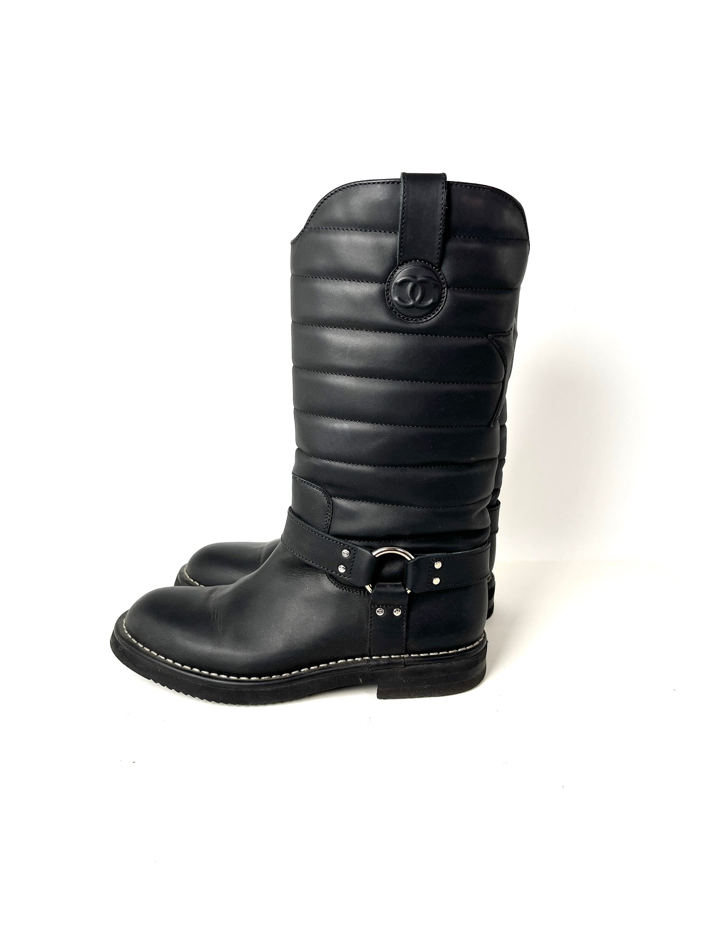 CHANEL Paris-Dallas CC Star Black Leather Moto Mid Calf Long Boots 38.5