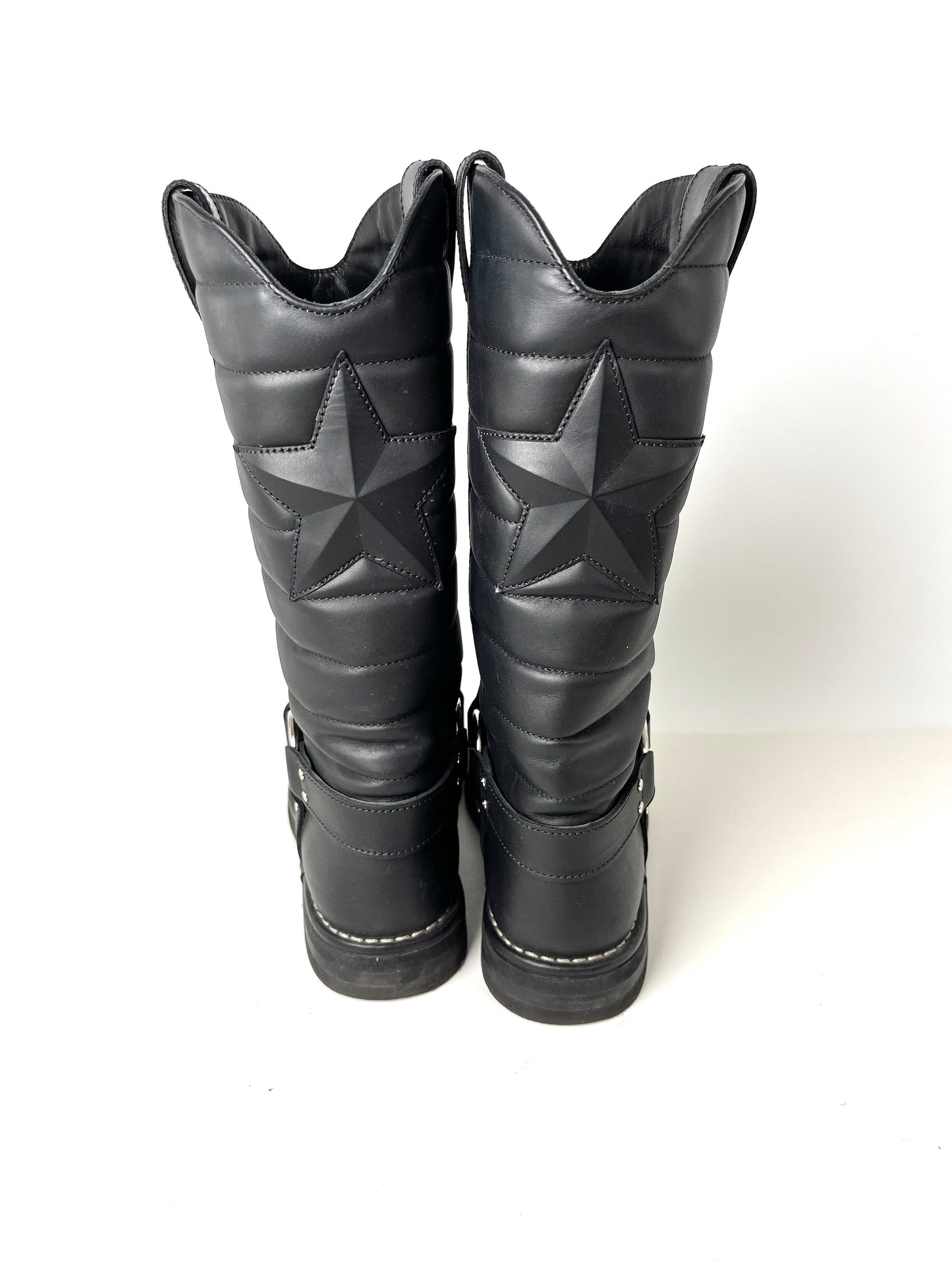 CHANEL Paris-Dallas CC Star Black Leather Moto Mid Calf Boots 38.5