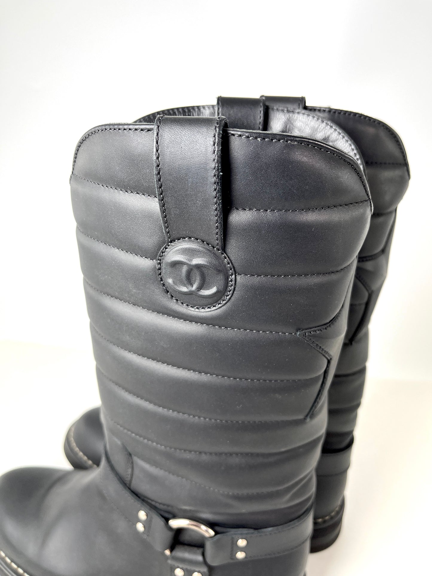 CHANEL Paris-Dallas CC Star Black Leather Moto Mid Calf Boots 38.5