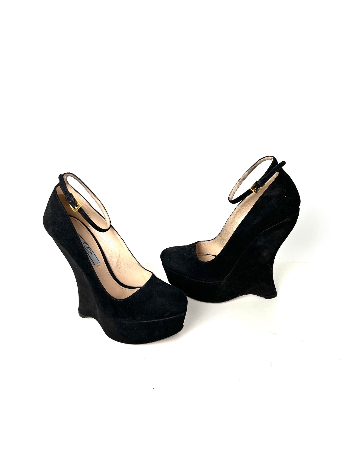 PRADA Black Suede Platform Wedge High Pumps 38.5 8