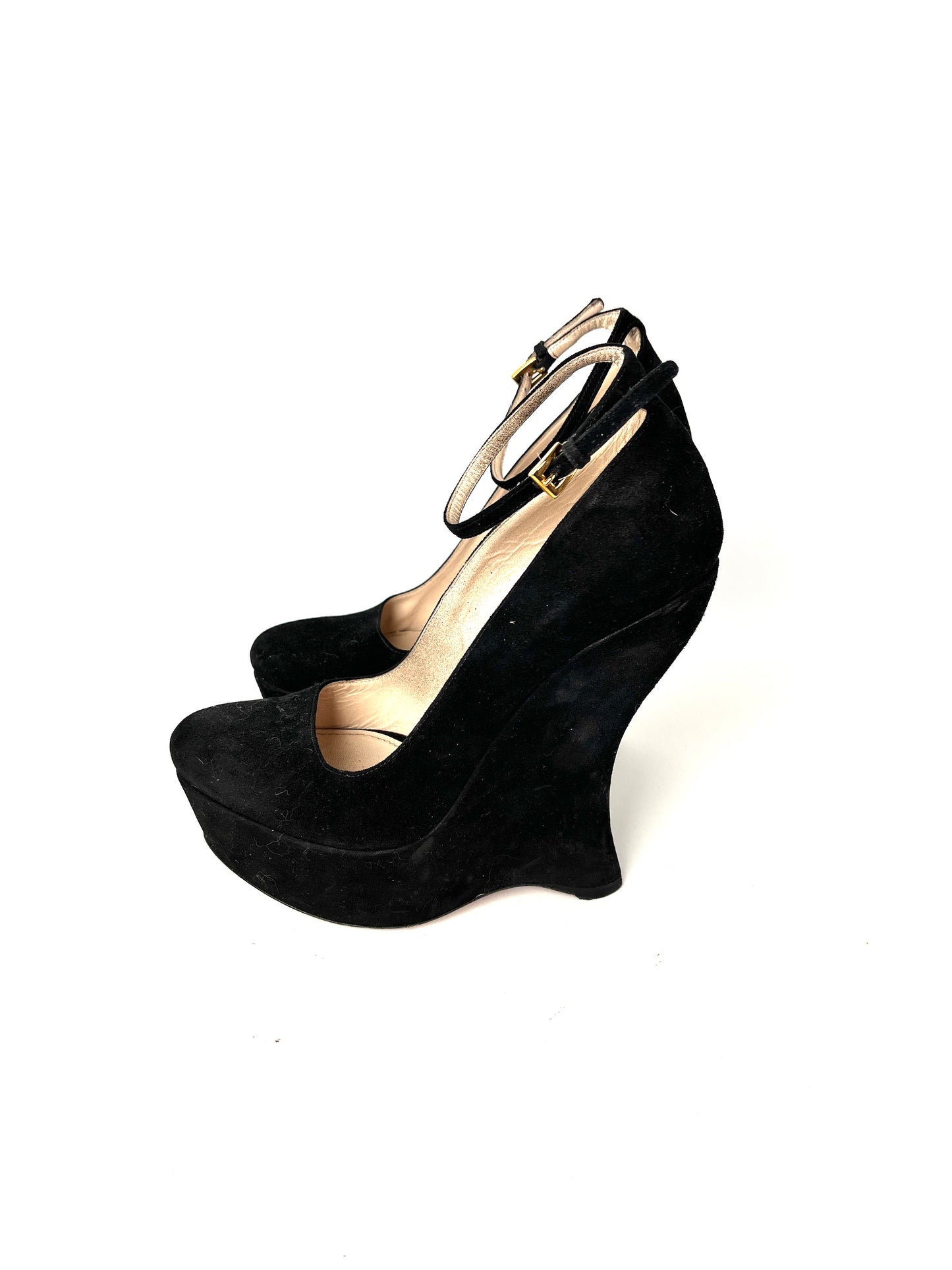 PRADA Black Suede Platform Wedge High Pumps 38.5 8