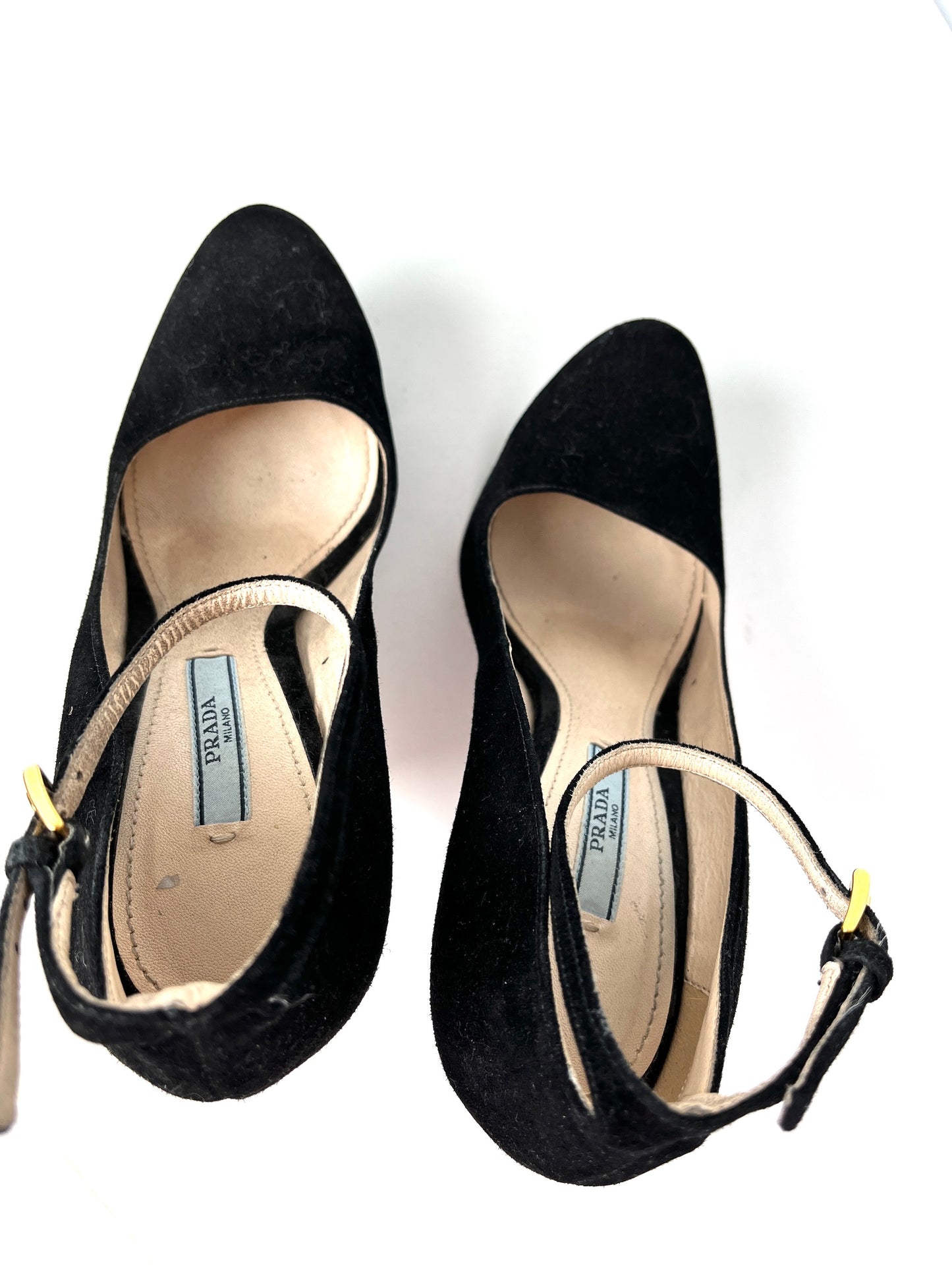 PRADA Black Suede Platform Wedge High Pumps 38.5 8