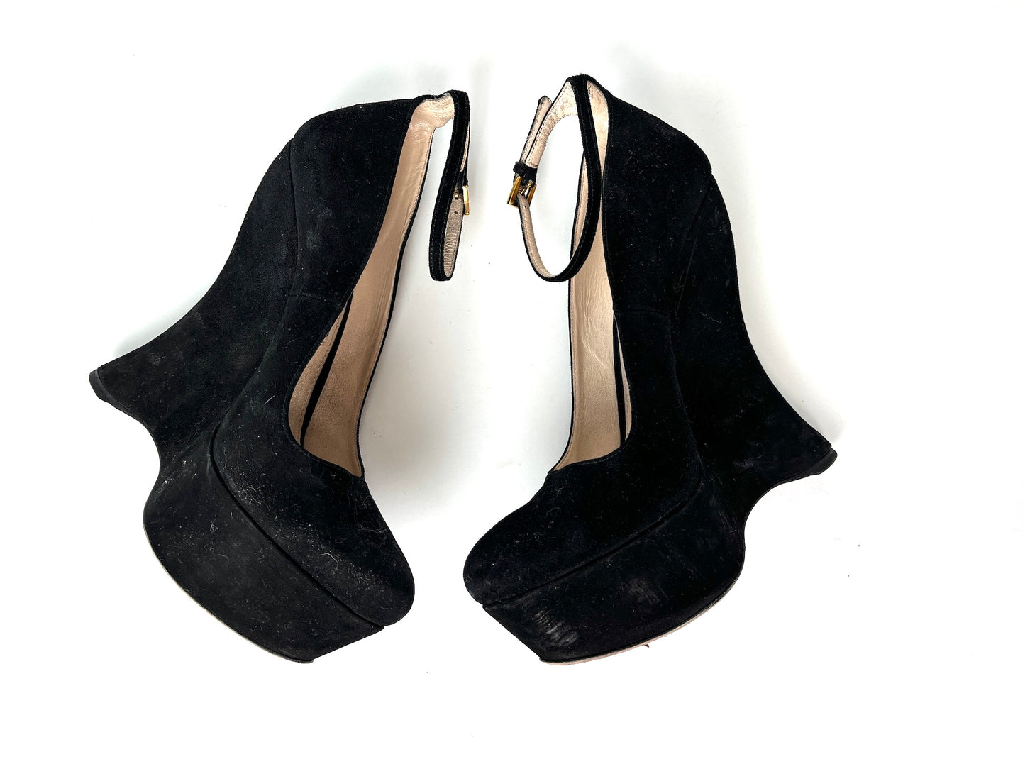 PRADA Black Suede Platform Wedge High Pumps 38.5 8