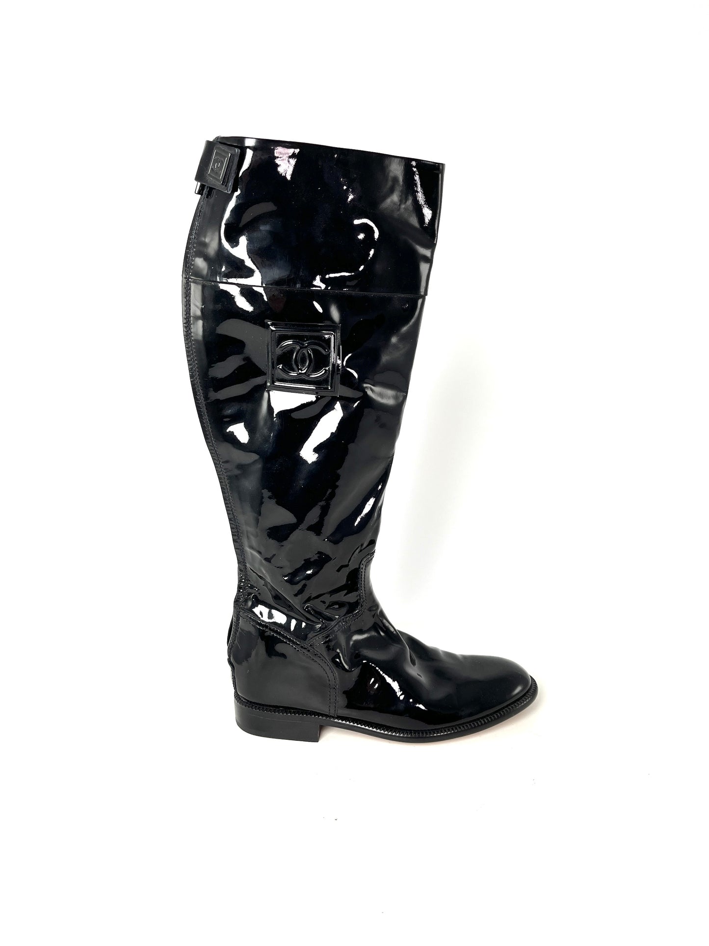 Vintage CHANEL CC Logo Patent Leather Black Long Flat Boots 37.5 7