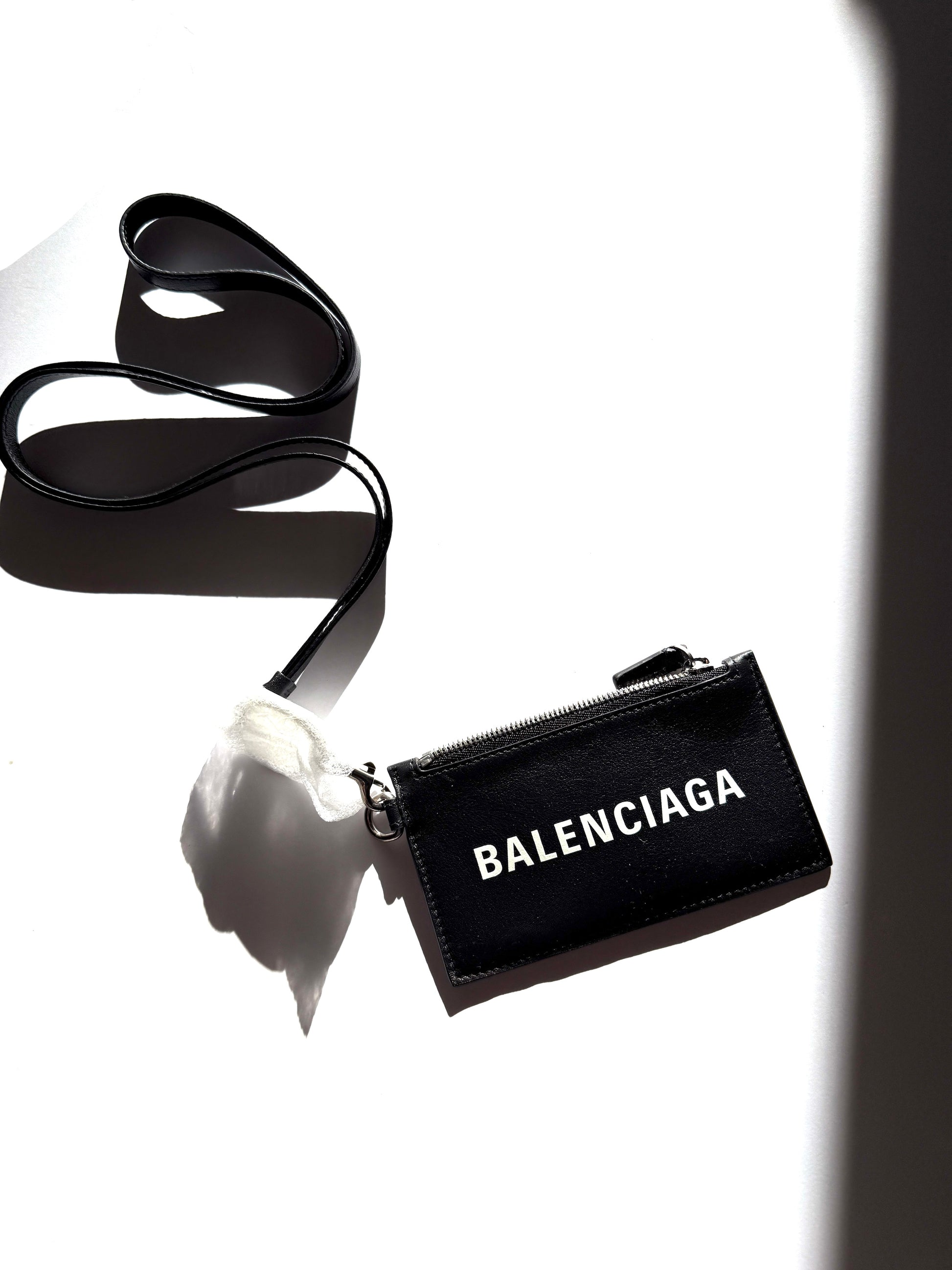 New BALENCIAGA Cash Card Case on Keychain Black Leather Zip Pouch