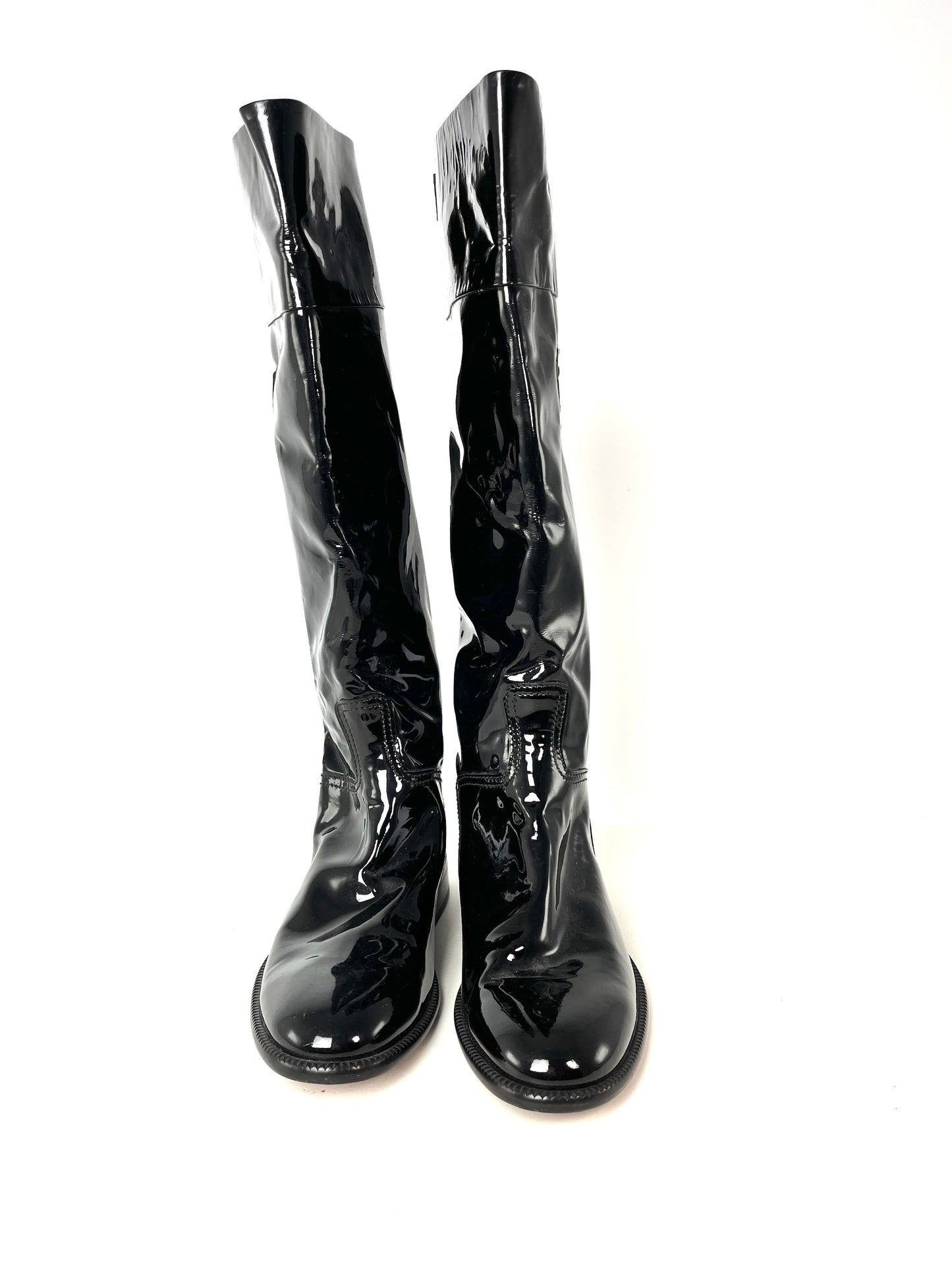 Vintage CHANEL CC Logo Patent Leather Black Long Flat Boots 37.5 7
