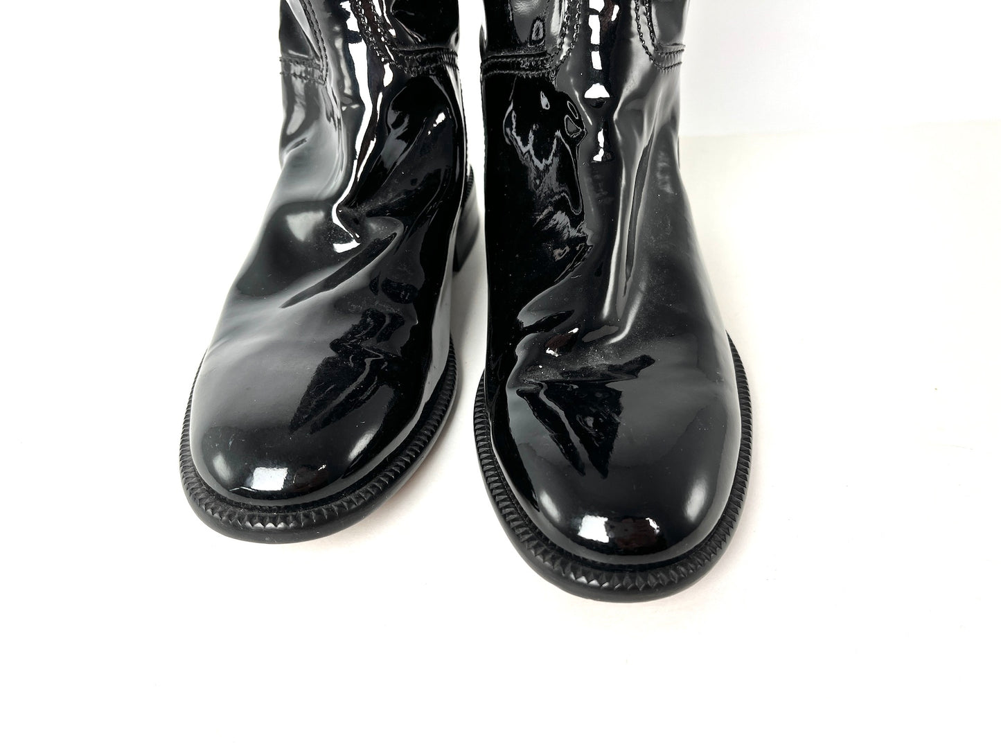 Vintage CHANEL CC Logo Patent Leather Black Long Flat Boots 37.5 7