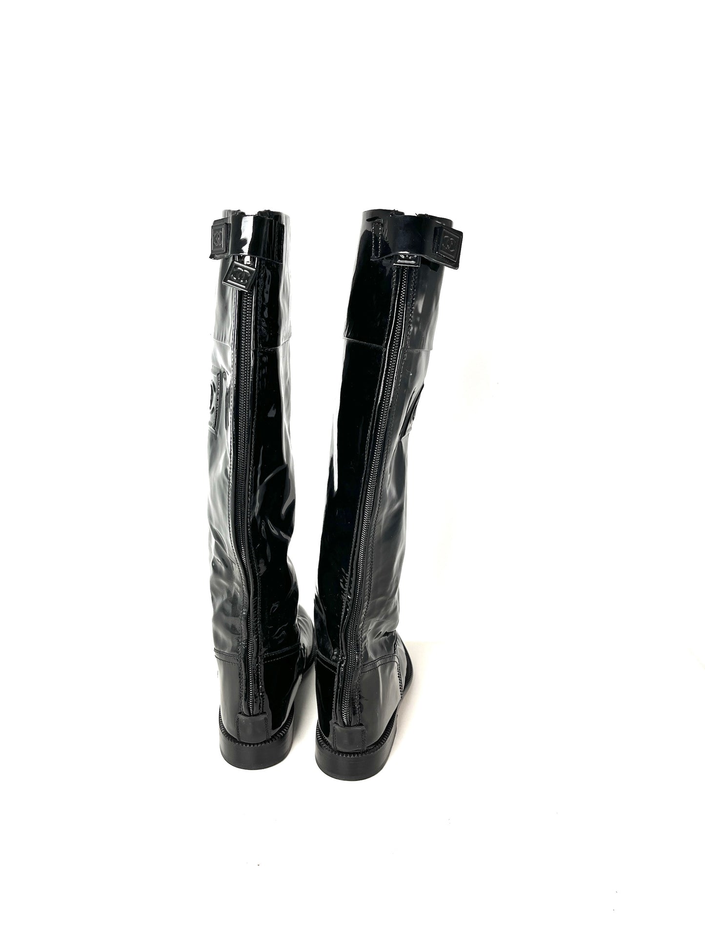 Vintage CHANEL CC Logo Patent Leather Black Long Flat Boots 37.5 7
