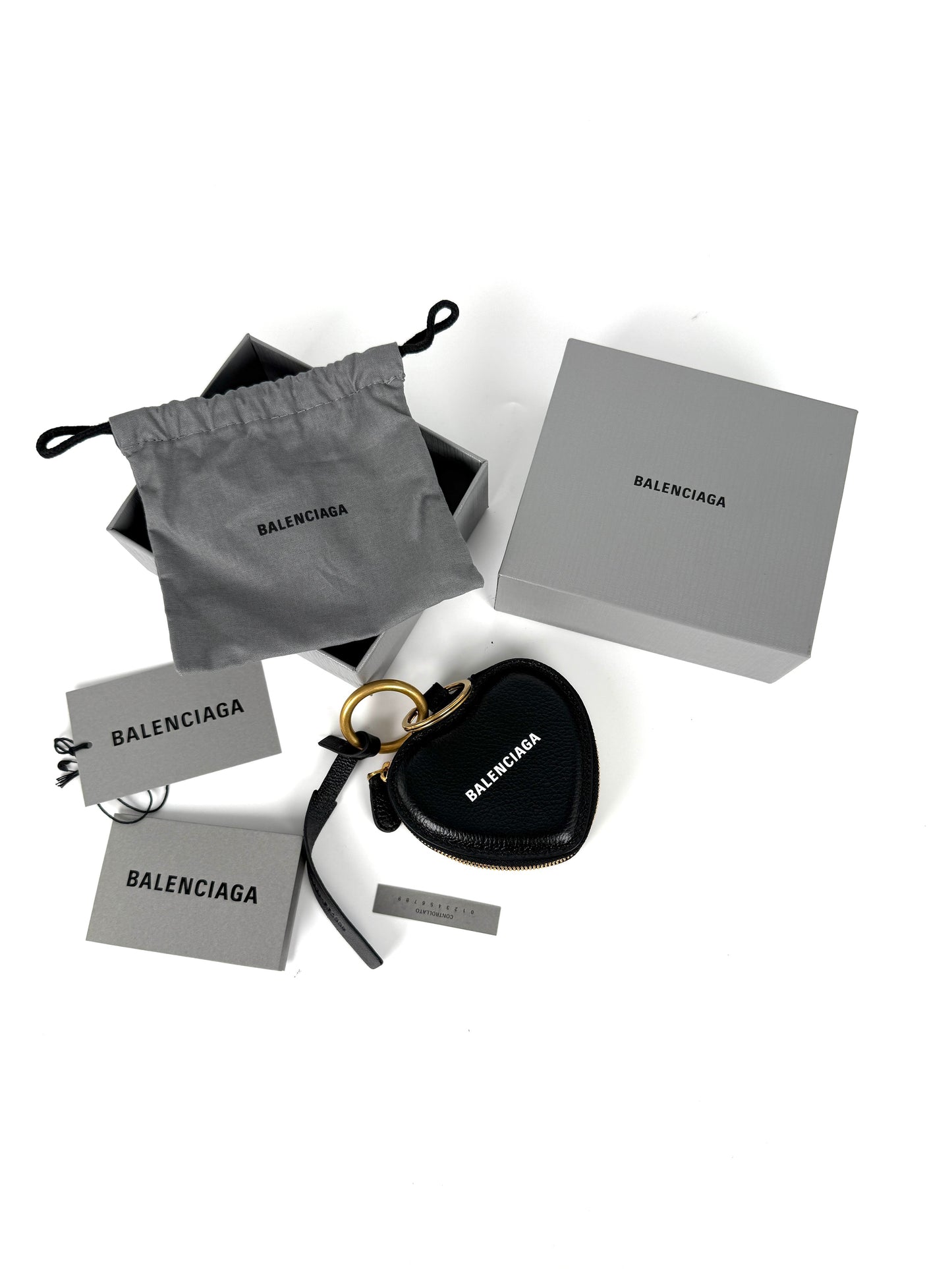 BALENCIAGA Heart Key Ring Bag Charm Mirror Logo Black Leather Pouch