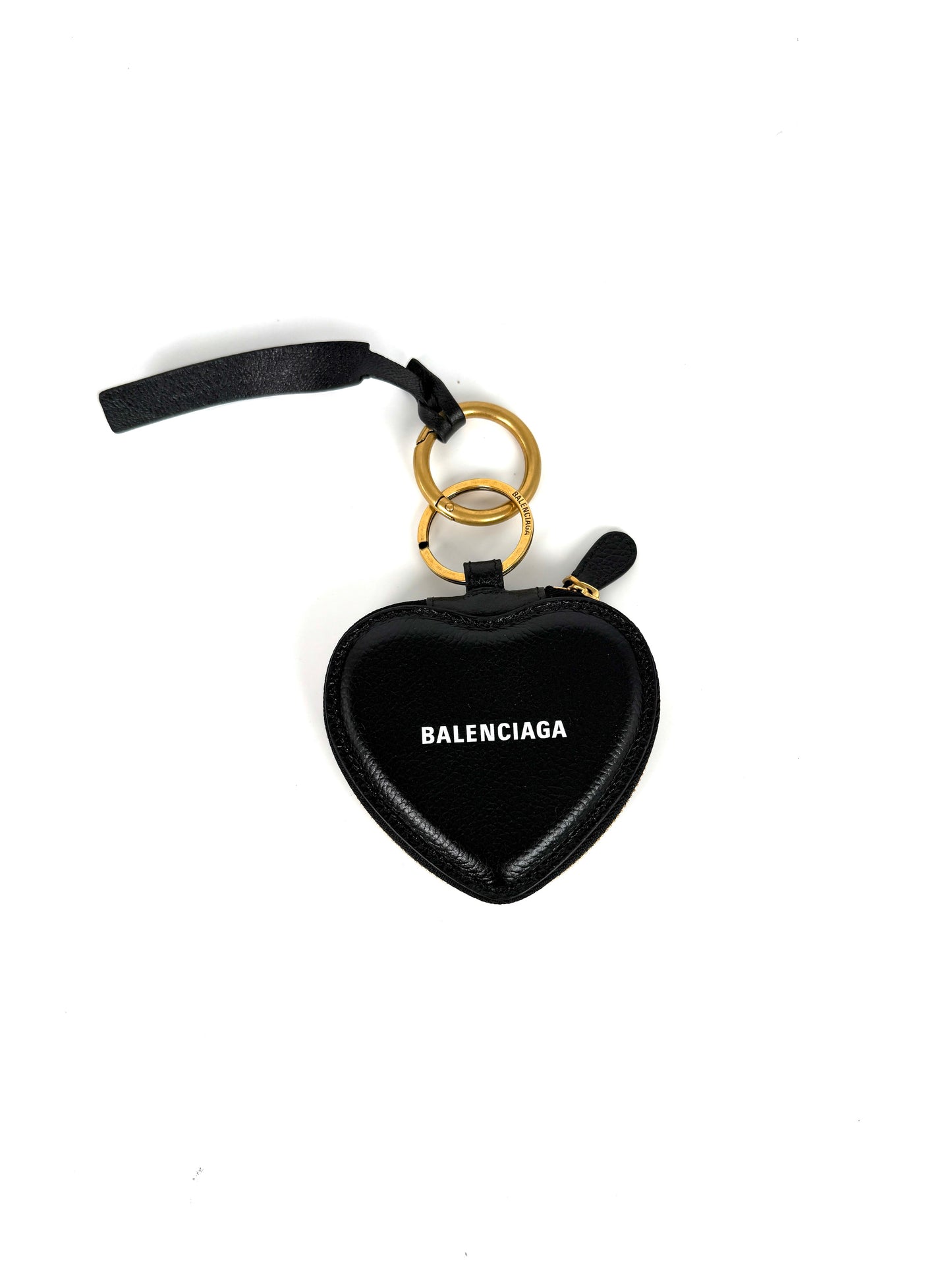 BALENCIAGA Heart Key Ring Bag Charm Mirror Logo Black Leather Pouch