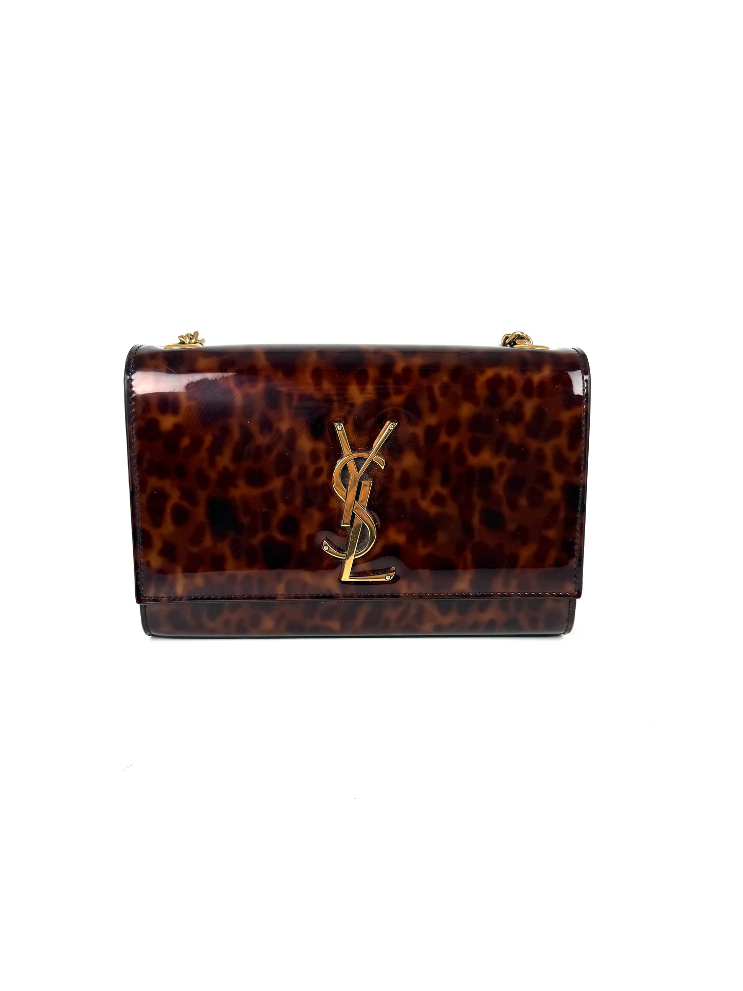 SAINT LAURENT Kate Small Patent Monogram Chain Wallet Tortoiseshell Crossbody Brown Bag