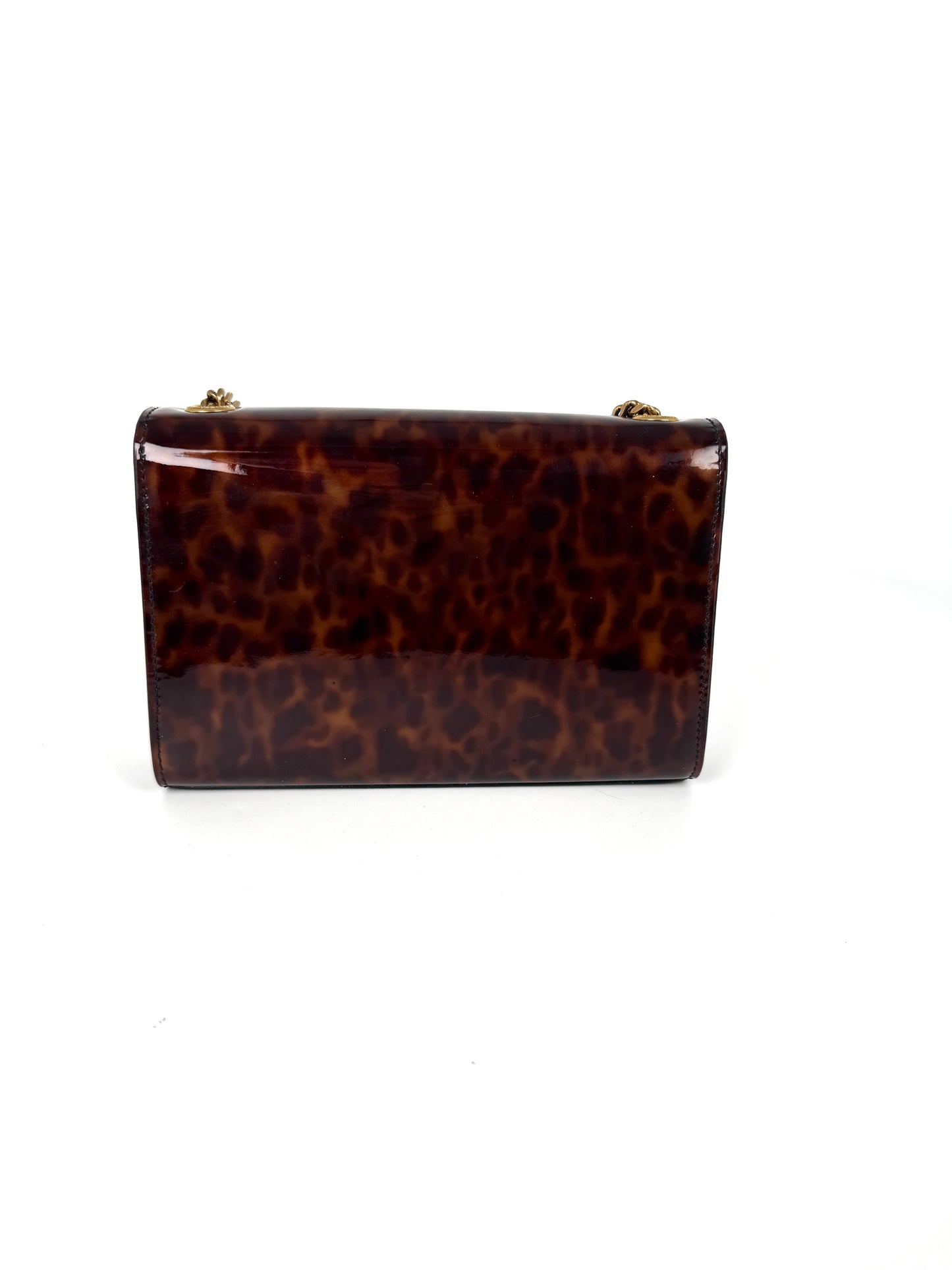 SAINT LAURENT Kate Small Patent Monogram Chain Wallet Tortoiseshell Crossbody Brown Bag