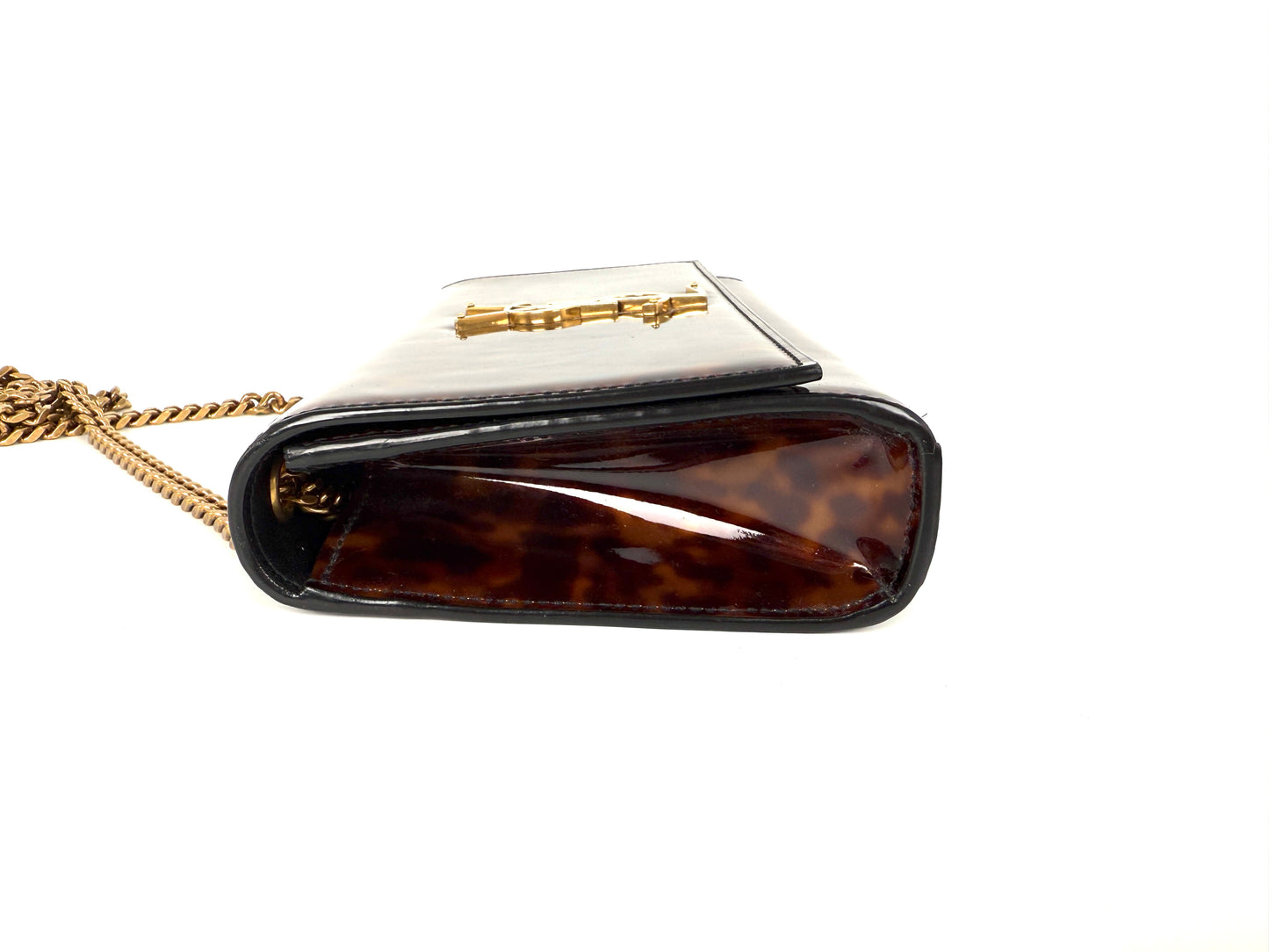 SAINT LAURENT Kate Small Patent Monogram Chain Wallet Tortoiseshell Crossbody Brown Bag
