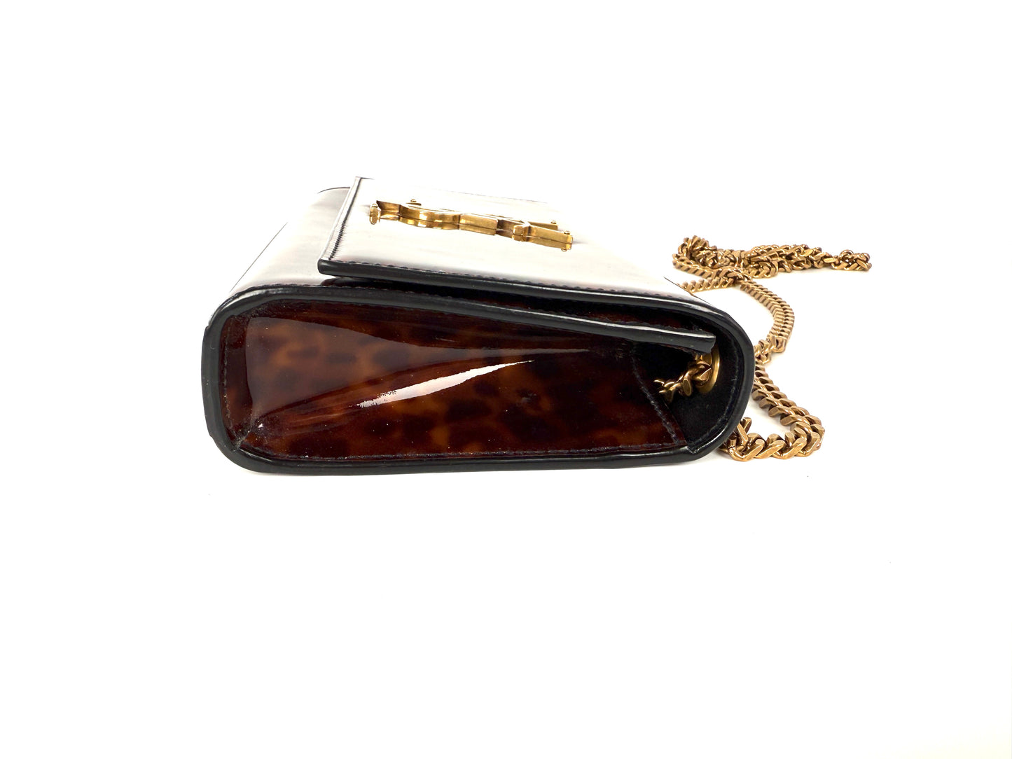 SAINT LAURENT Kate Small Patent Monogram Chain Wallet Tortoiseshell Crossbody Brown Bag