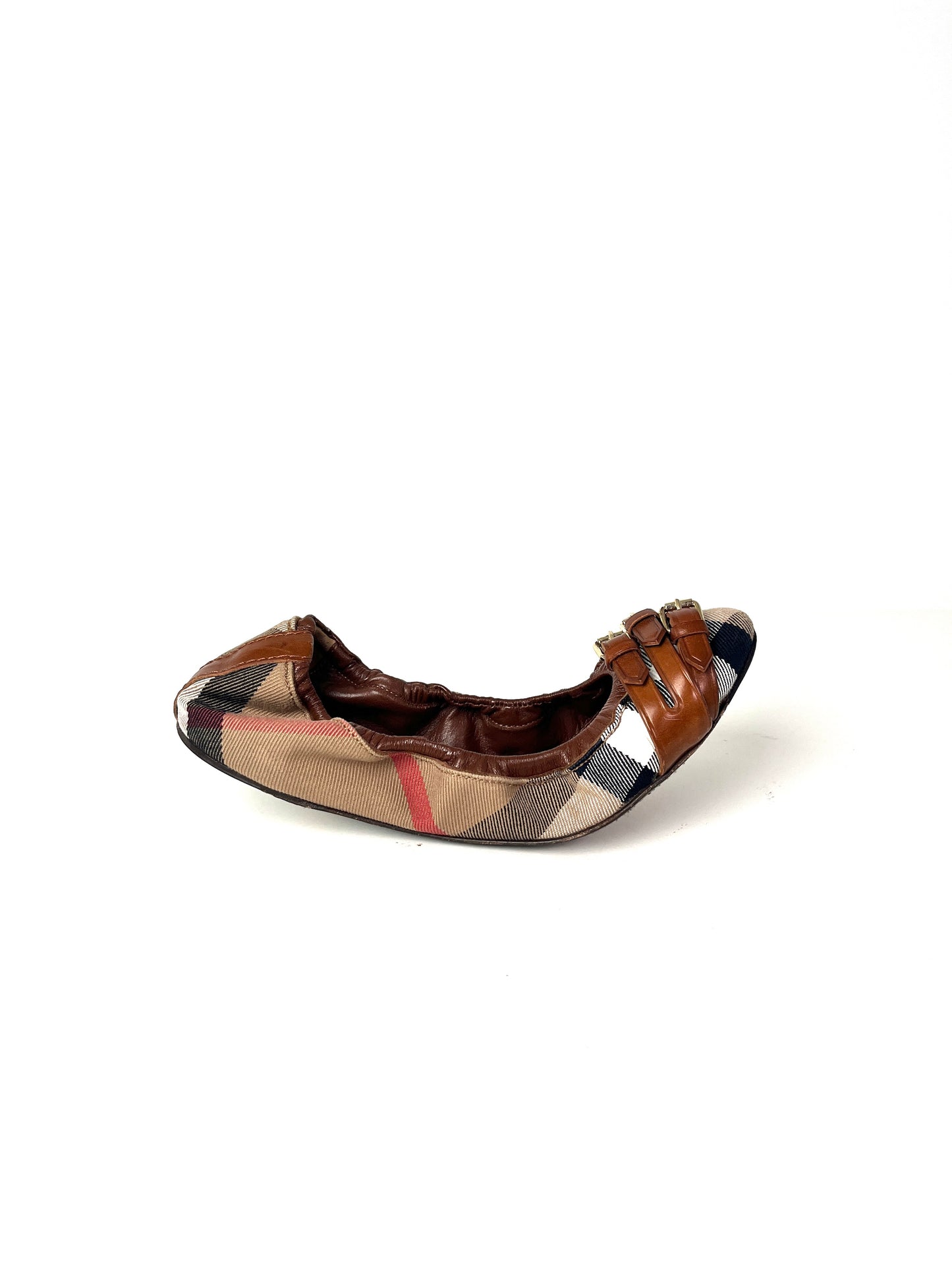 BURBERRY Bridle House check Falconer Dark Tan Canvas Ballerina Flats 37 7