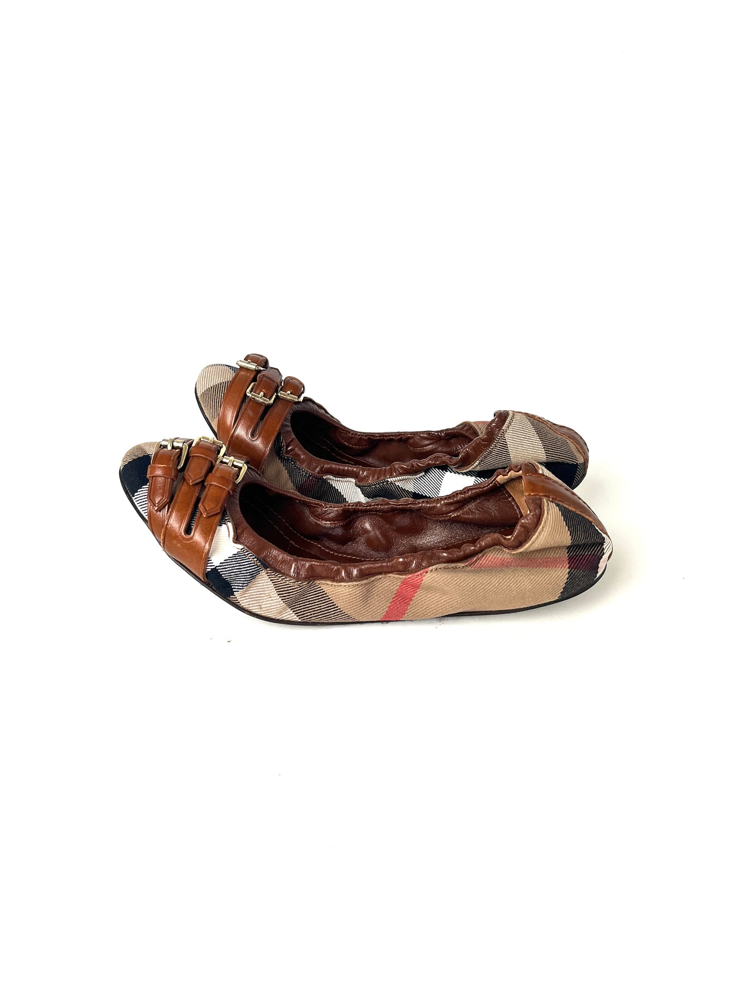 BURBERRY Bridle House check Falconer Dark Tan Canvas Ballerina Flats 37 7