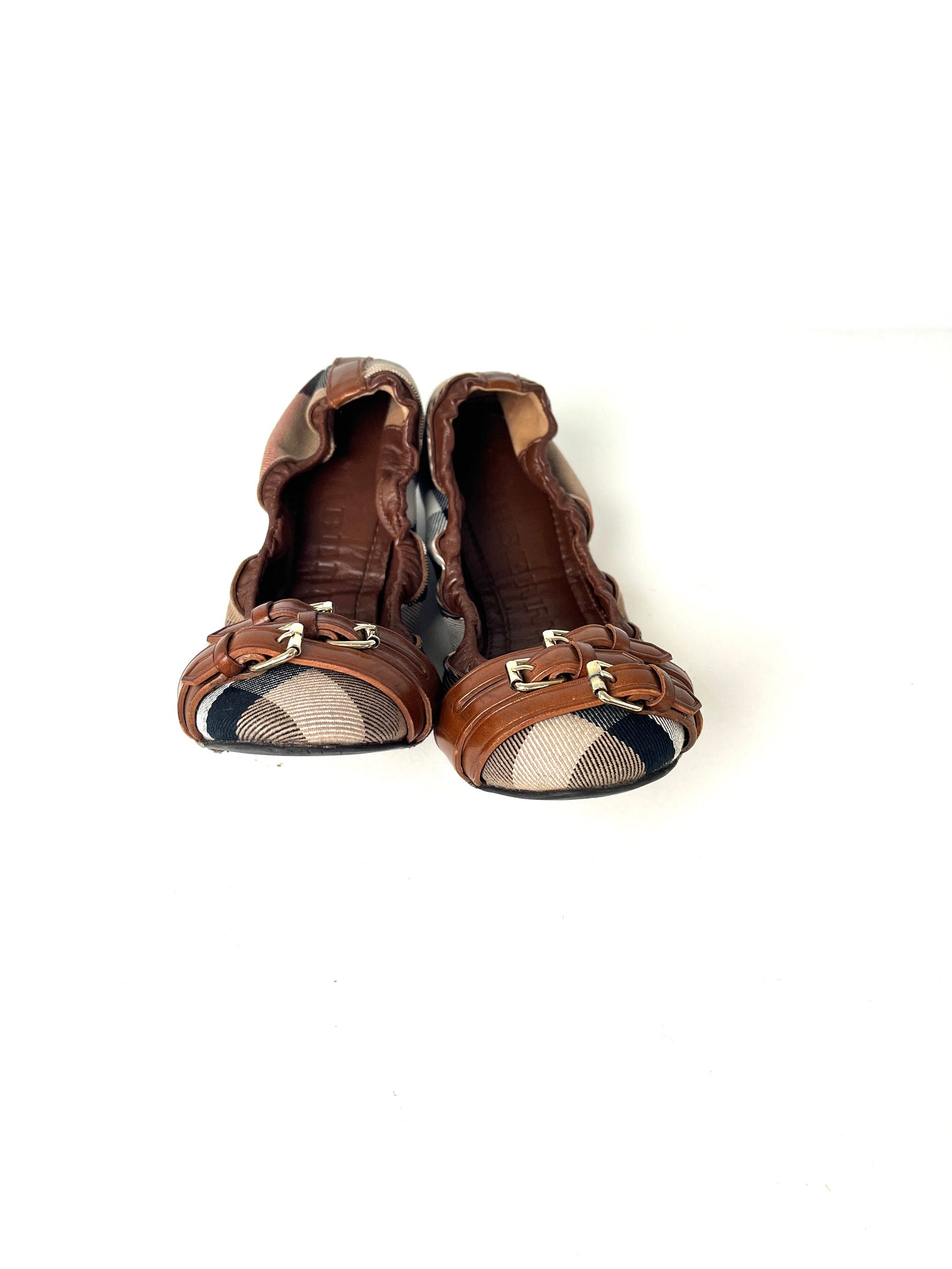BURBERRY Bridle House check Falconer Dark Tan Canvas Ballerina Flats 37 7
