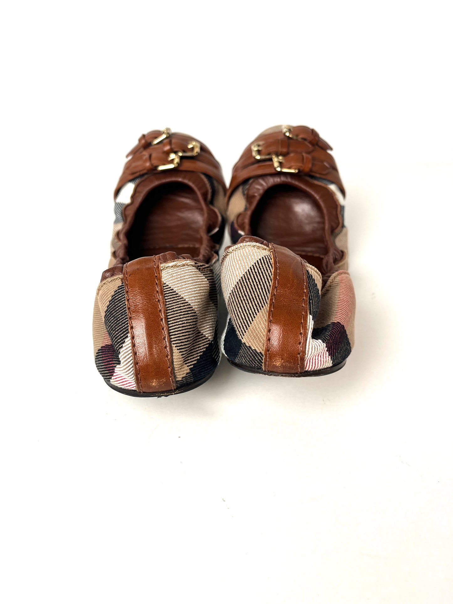 BURBERRY Bridle House check Falconer Dark Tan Canvas Ballerina Flats 37 7