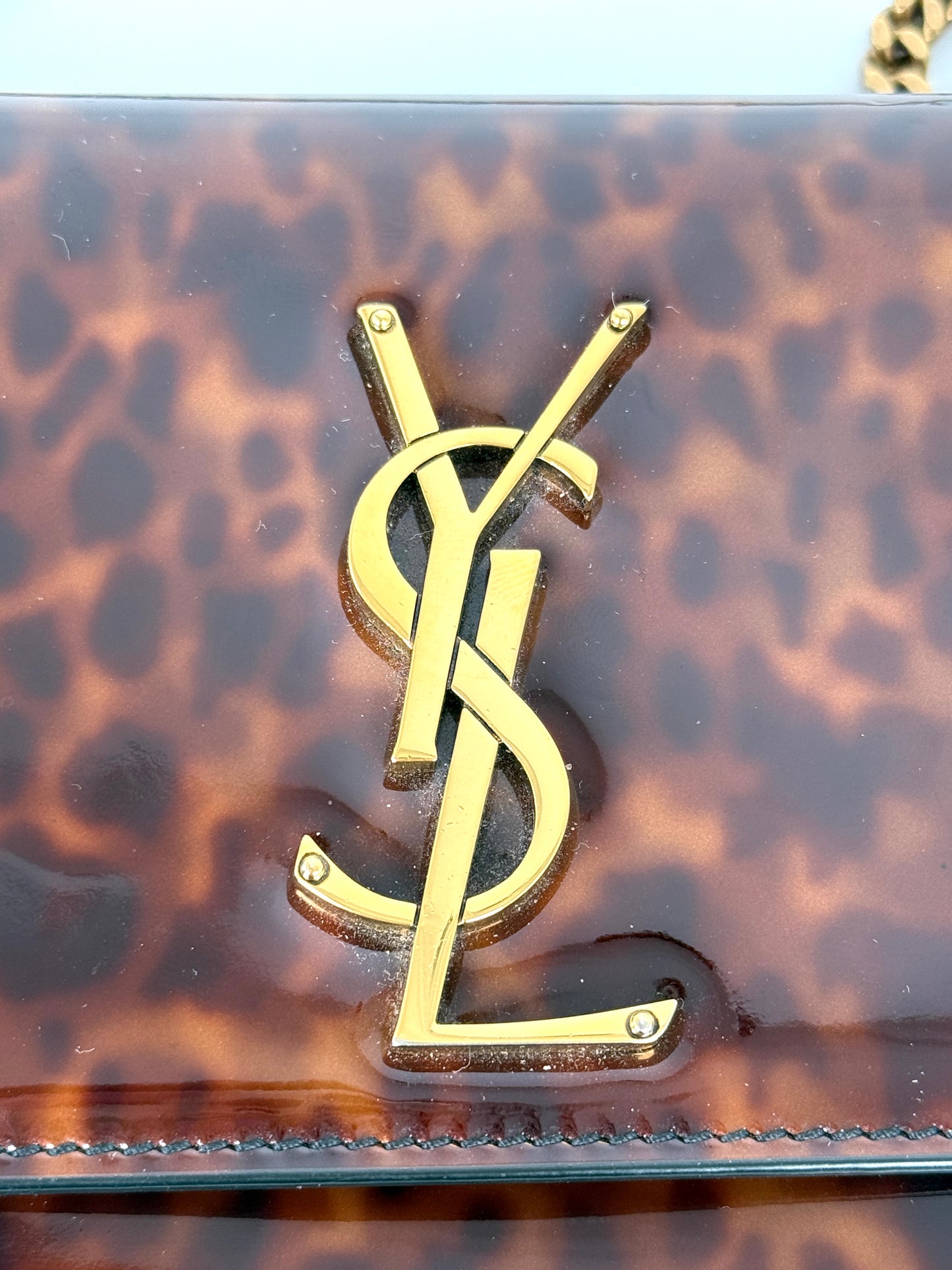 SAINT LAURENT Kate Small Patent Monogram Chain Wallet Tortoiseshell Crossbody Brown Bag