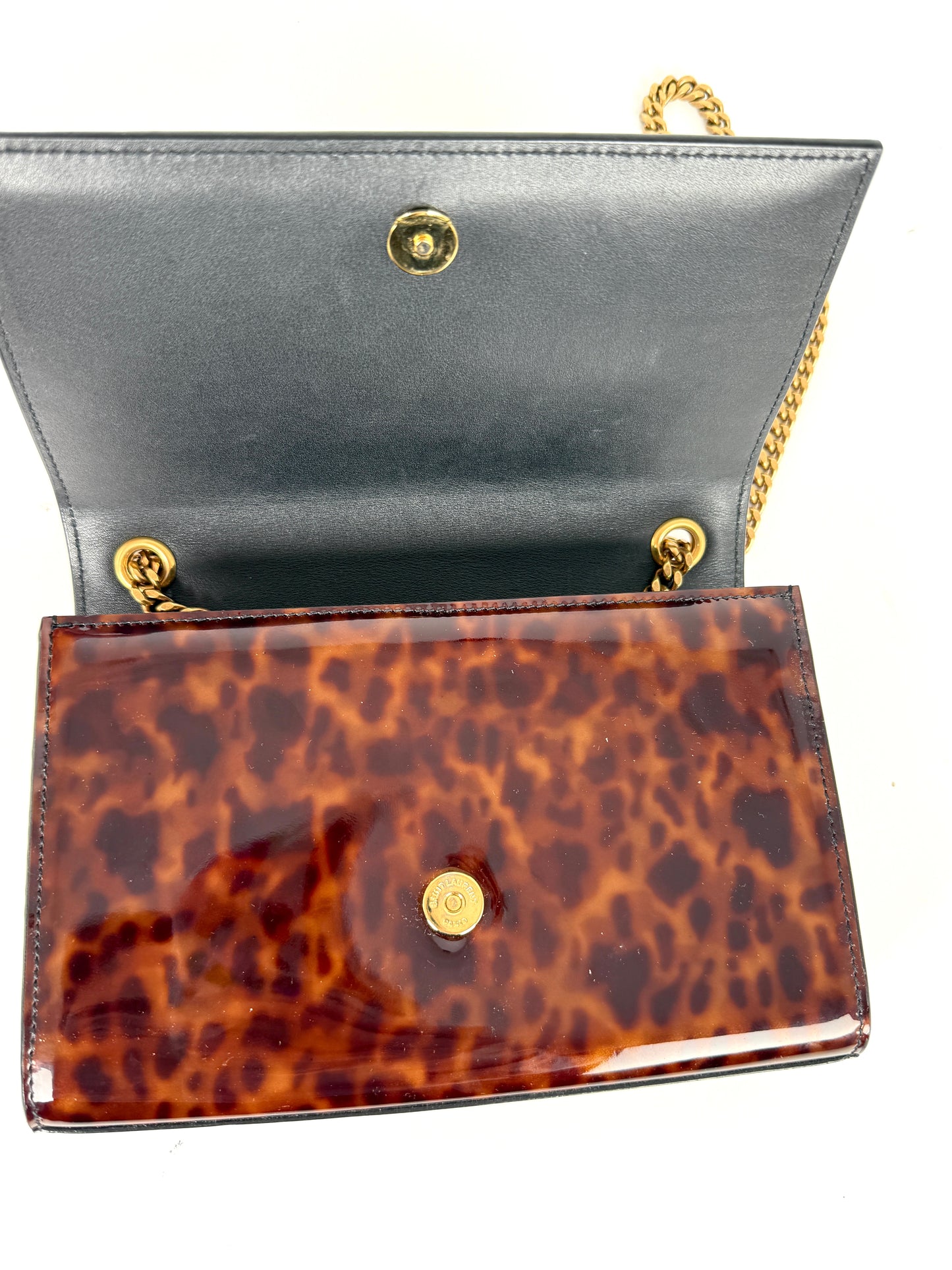 SAINT LAURENT Kate Small Patent Monogram Chain Wallet Tortoiseshell Crossbody Brown Bag