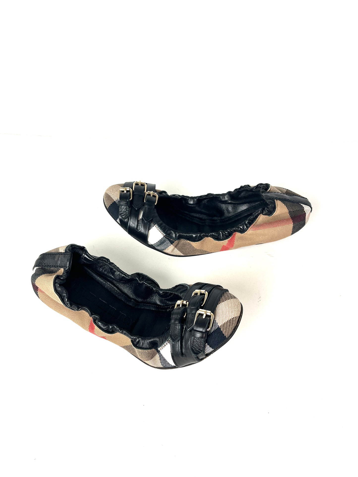 BURBERRY Bridle House check Falconer Black Canvas Ballerina Flats 37 7