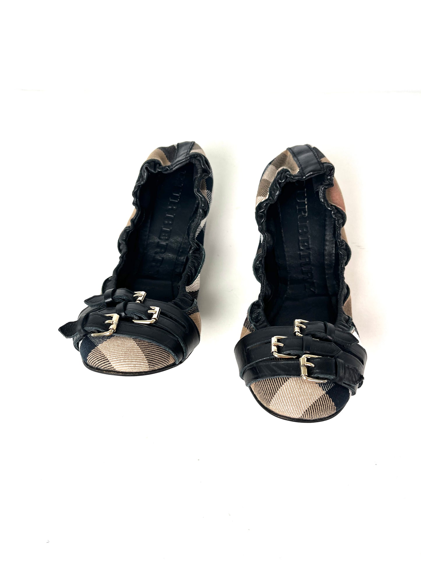 BURBERRY Bridle House check Falconer Black Canvas Ballerina Flats 37 7
