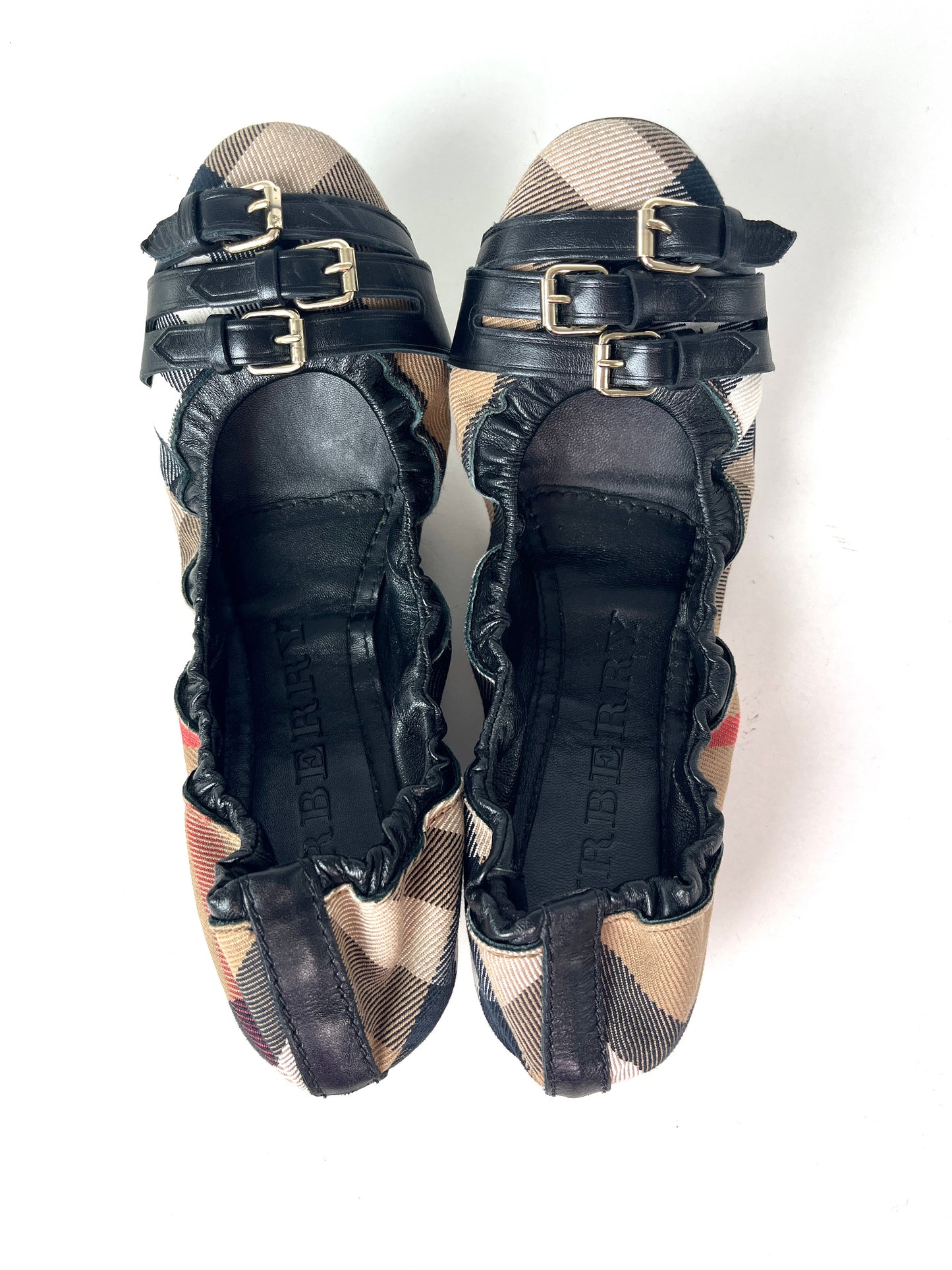 BURBERRY Bridle House check Falconer Black Canvas Ballerina Flats 37 7