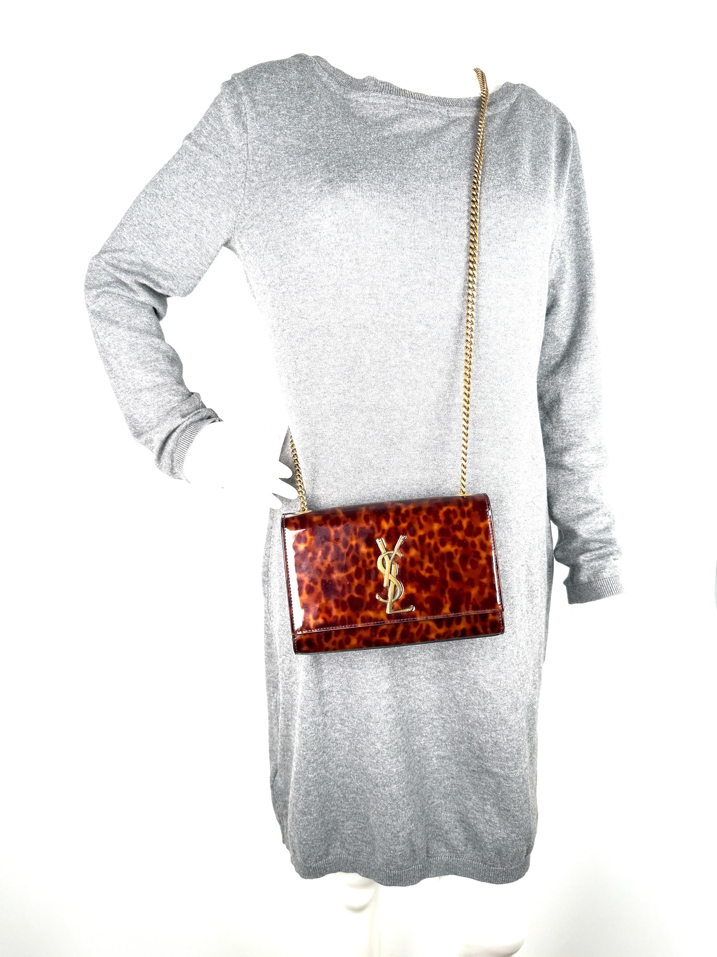 SAINT LAURENT Kate Small Patent Monogram Chain Wallet Tortoiseshell Crossbody Brown Bag