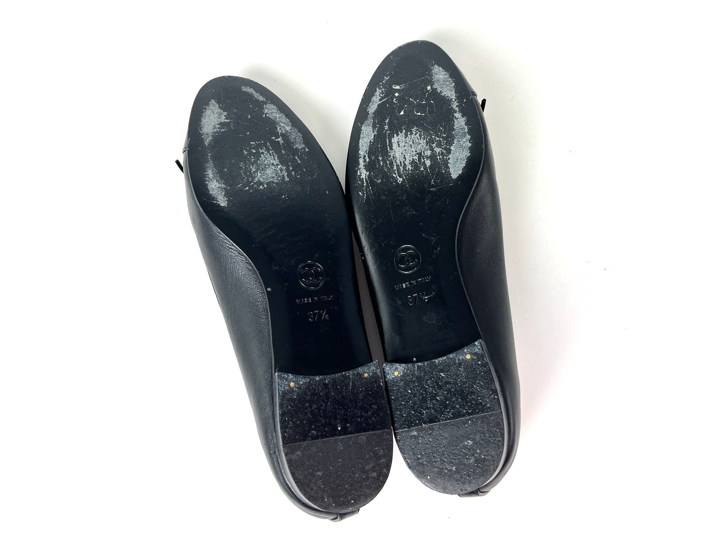 CHANEL Black Cap Toe Leather Ballerina Classic Logo Flats 37.5 7