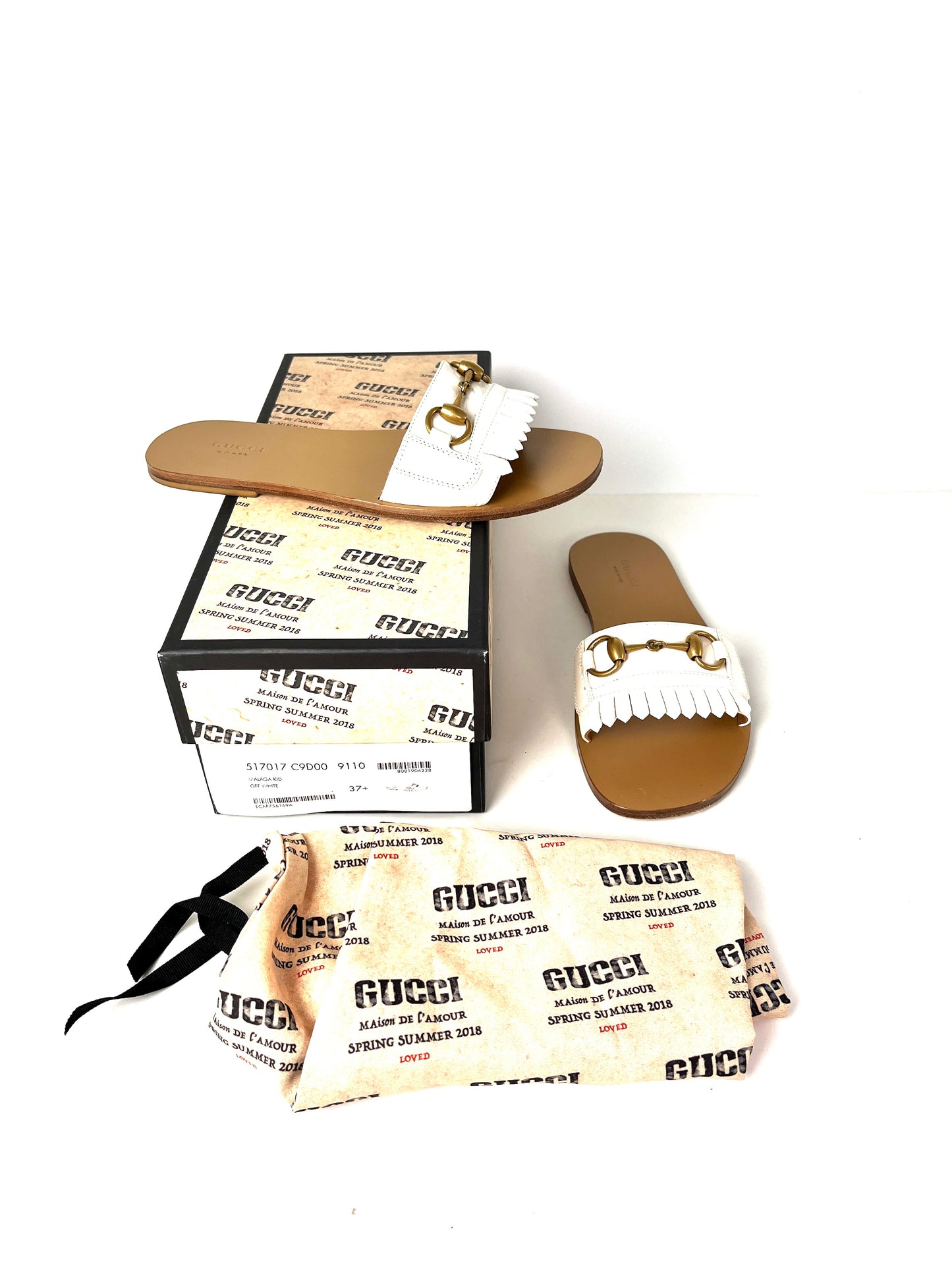 GUCCI Malaga Kid Off White Horsebit Fringe Leather Slide Sandals 37.5 7.5