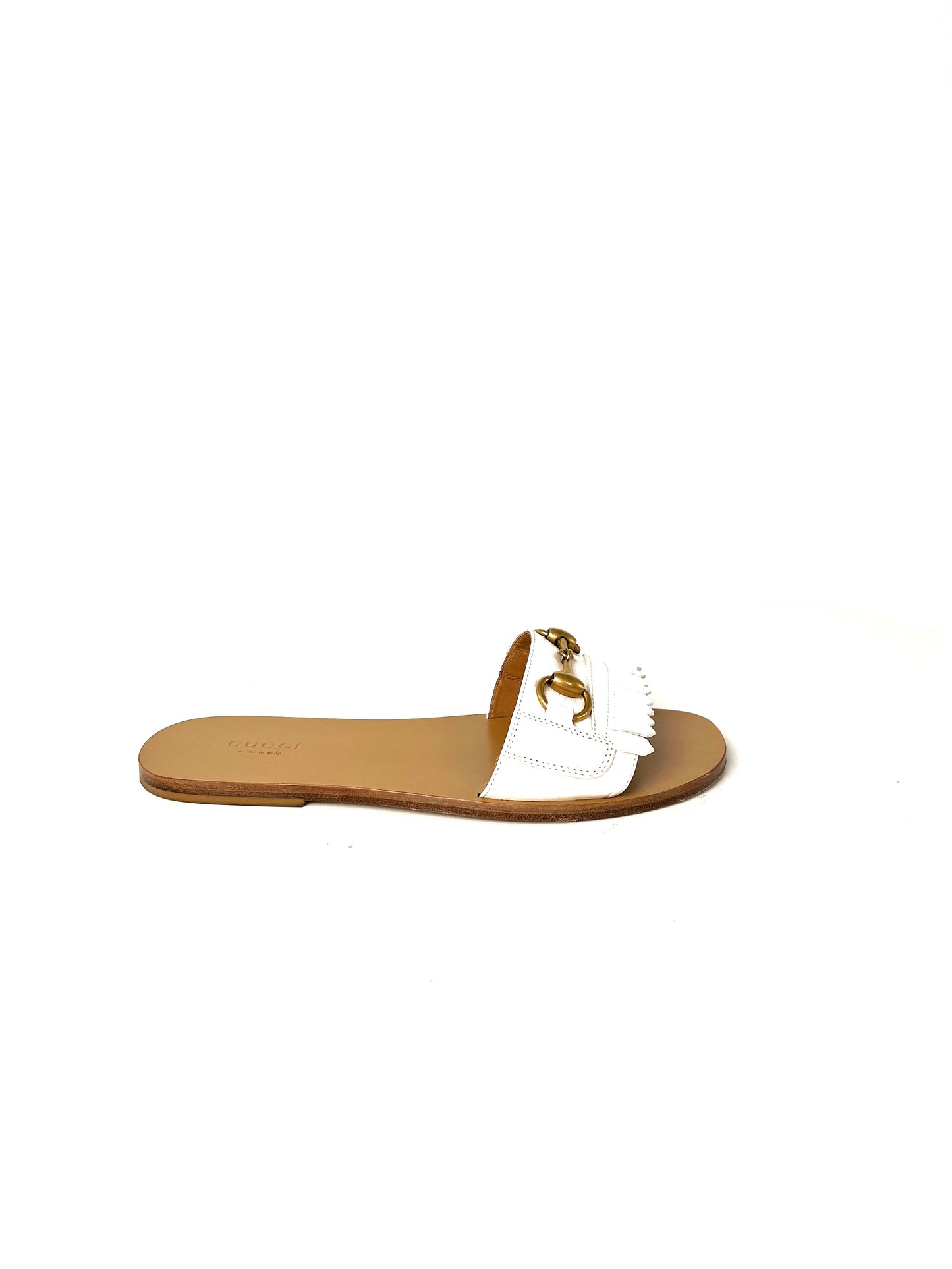 GUCCI Malaga Kid Off White Horsebit Fringe Leather Slide Sandals 37.5 7.5