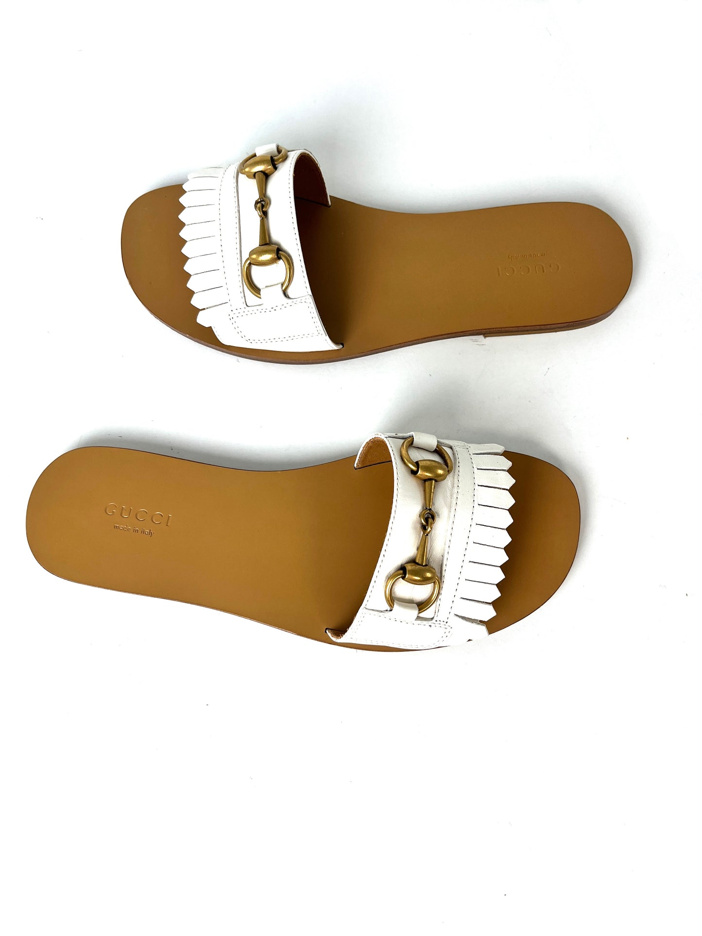 GUCCI Malaga Kid Off White Horsebit Fringe Leather Slide Sandals 37.5 7.5