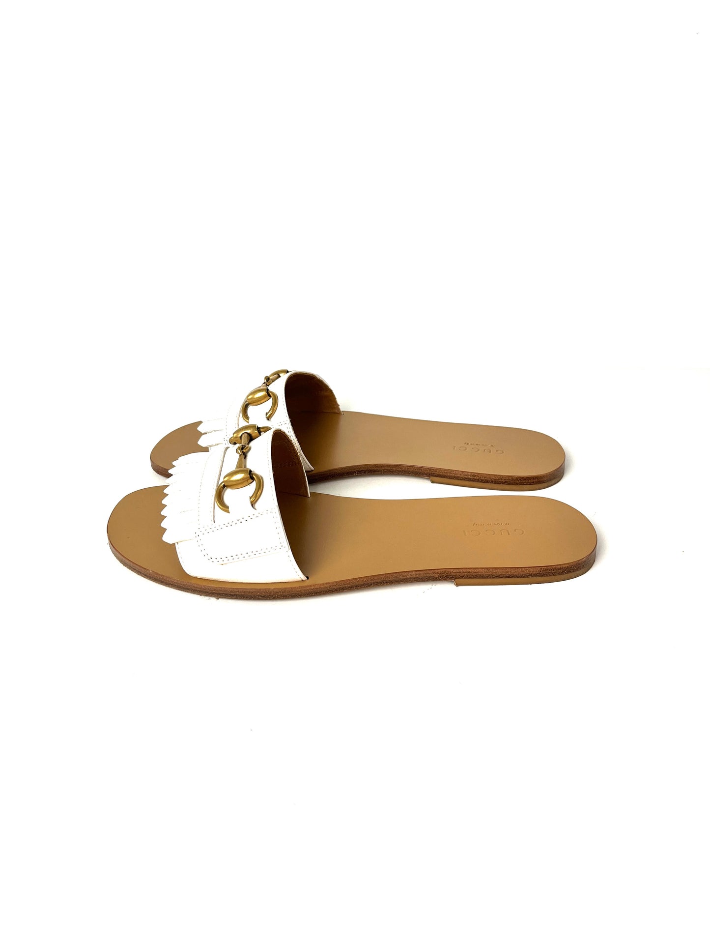 GUCCI Malaga Kid Off White Horsebit Fringe Leather Slide Sandals 37.5 7.5