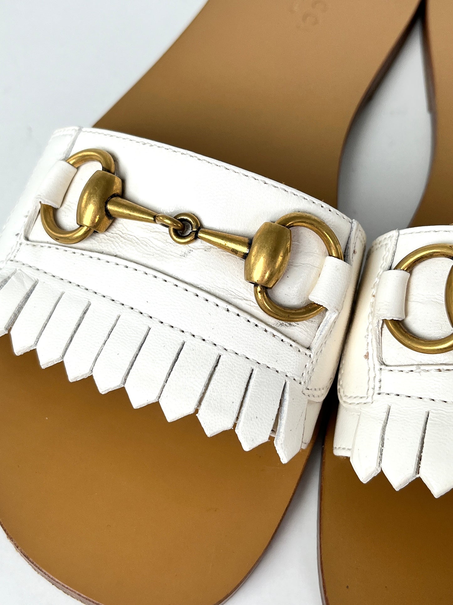 GUCCI Malaga Kid Off White Horsebit Fringe Leather Slide Sandals 37.5 7.5